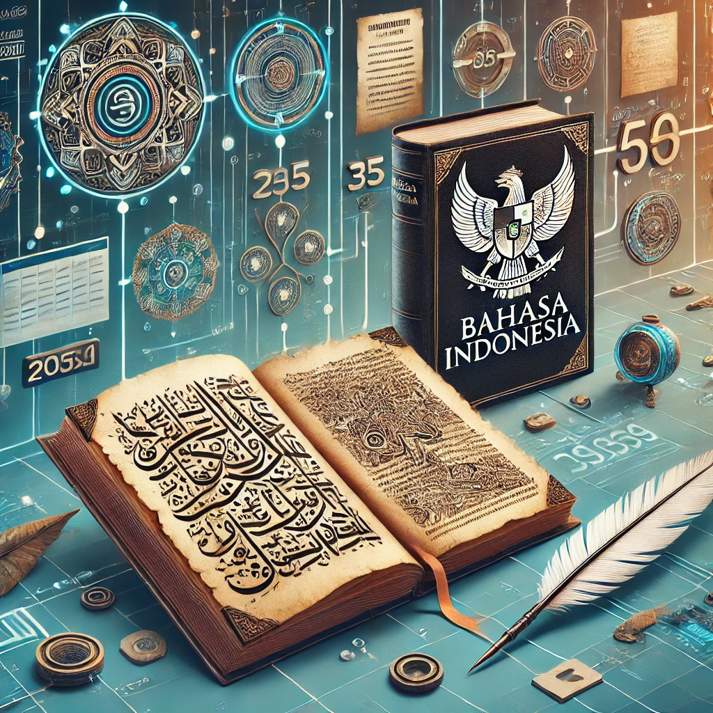 Gambar artistik yang menggambarkan sejarah dan perkembangan bahasa Indonesia, menampilkan naskah tradisional dengan aksara Jawa kuno dan buku modern berjudul 'Bahasa Indonesia' yang terletak berdampingan. Di latar belakang, terdapat garis waktu dengan tanggal penting yang menghubungkan aksara kuno dengan bahasa modern. Elemen seperti daun lontar kuno, pena bulu, dan teks digital melambangkan transisi dari penggunaan bahasa tradisional ke modern. Tema keseluruhan mencerminkan warisan budaya yang kaya dan evolusi bahasa Indonesia