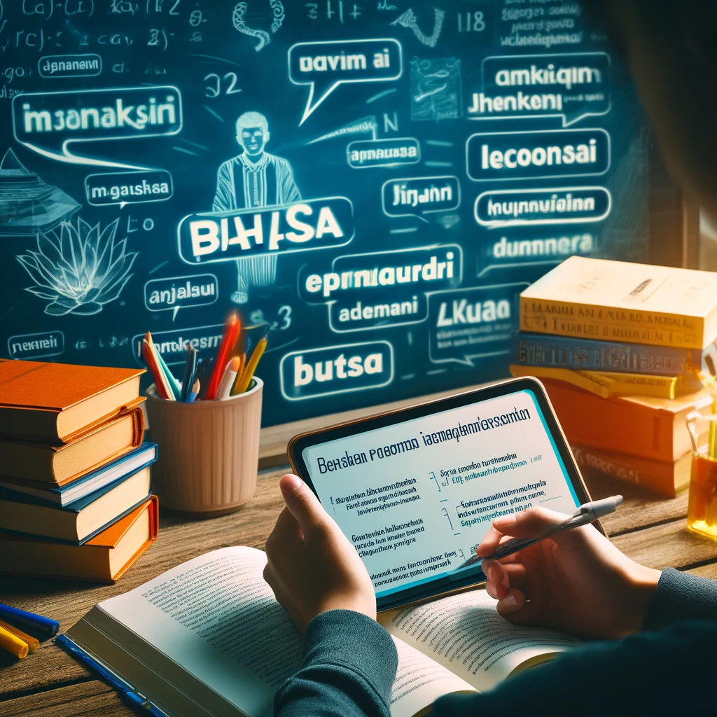 Gambar edukatif yang menunjukkan seseorang sedang belajar bahasa Indonesia, dikelilingi oleh buku-buku dan tablet yang menampilkan teks dalam Bahasa Indonesia. Di latar belakang terdapat papan tulis dengan catatan terkait bahasa dan aturan tata bahasa Indonesia. Suasana cerah dan fokus, melambangkan pembelajaran dan peningkatan kemampuan berbahasa