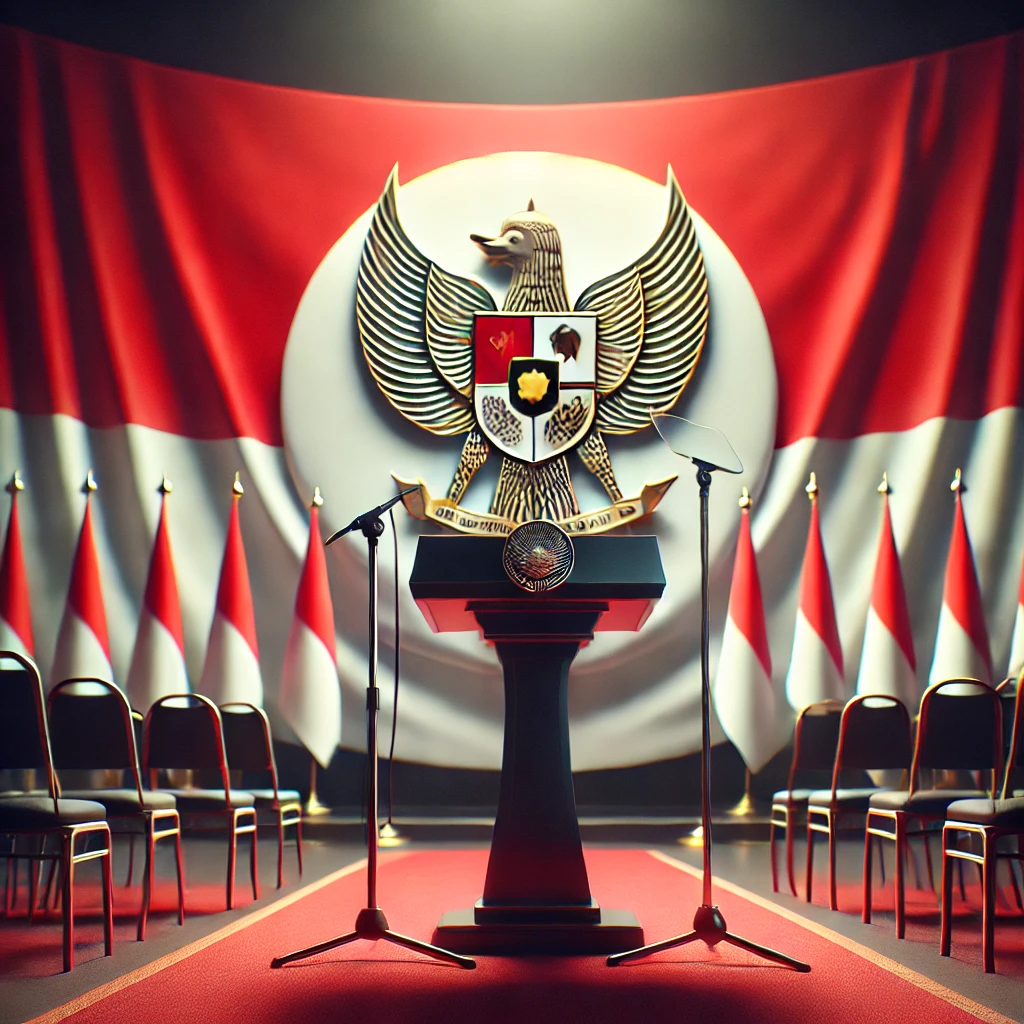 Gambar simbolisasi pengakuan resmi Bahasa Indonesia, menampilkan podium dengan mikrofon di depan latar belakang bendera Indonesia. Warna bendera merah putih mencolok, menciptakan suasana formal dan penting yang mencerminkan momen pengakuan resmi Bahasa Indonesia sebagai bahasa nasional. Atmosfer gambar ini terasa khidmat dan patriotik