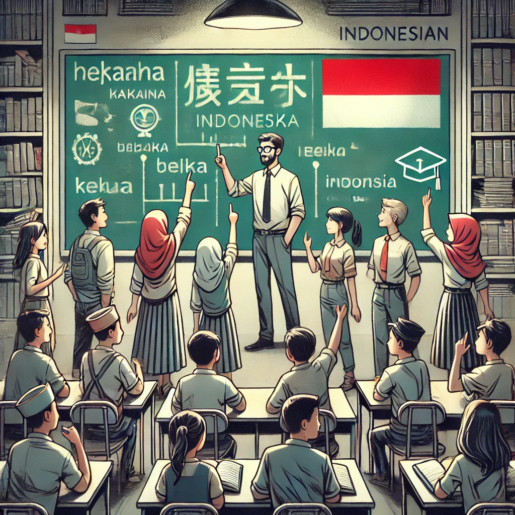 Gambar suasana pendidikan di kelas yang menunjukkan pentingnya bahasa Indonesia dalam pendidikan. Terlihat sekelompok siswa yang beragam sedang berinteraksi dengan semangat, dengan seorang guru menunjuk ke papan tulis yang berisi kata-kata dalam bahasa Indonesia. Di papan tulis juga terdapat simbol-simbol pendidikan seperti buku dan topi wisuda, serta bendera Indonesia di latar belakang. Suasana terlihat hidup, inklusif, dan fokus pada pembelajaran