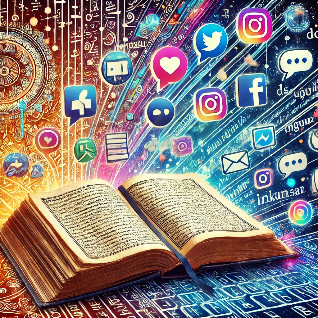Gambar yang mewakili evolusi bahasa Indonesia, menampilkan buku terbuka dengan halaman yang berubah menjadi simbol digital modern seperti gelembung obrolan, ikon media sosial, dan keyboard. Latar belakangnya mencampurkan elemen tradisional dan modern, seperti aksara lama dan teks digital yang mengalir bersama. Warna-warna yang cerah mencerminkan sifat dinamis dan selalu berubah dari bahasa. Suasana keseluruhan menggambarkan ide perkembangan dan adaptasi bahasa Indonesia yang terus menerus