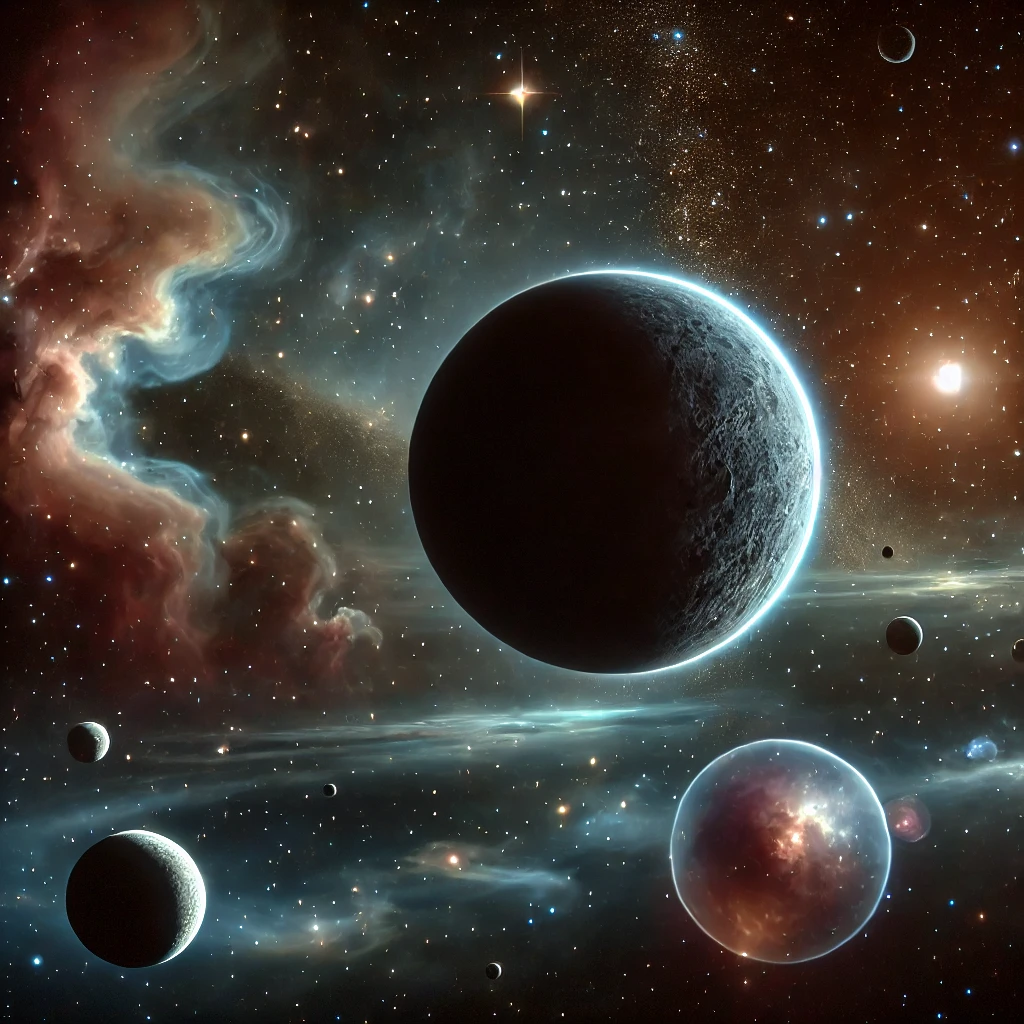 Gambar luar angkasa yang misterius menampilkan objek-objek langit yang tidak dikenal. Latar belakang gelap dengan bintang-bintang dan planet besar yang hanya sebagian diterangi oleh cahaya bintang yang jauh. Di dekatnya, terdapat asteroid bercahaya dengan bentuk tidak teratur, pusaran gas berwarna-warni, dan bayangan struktur tidak dikenal yang mengambang di ruang angkasa. Suasana keseluruhan mencerminkan ketidakpastian dan misteri alam semesta