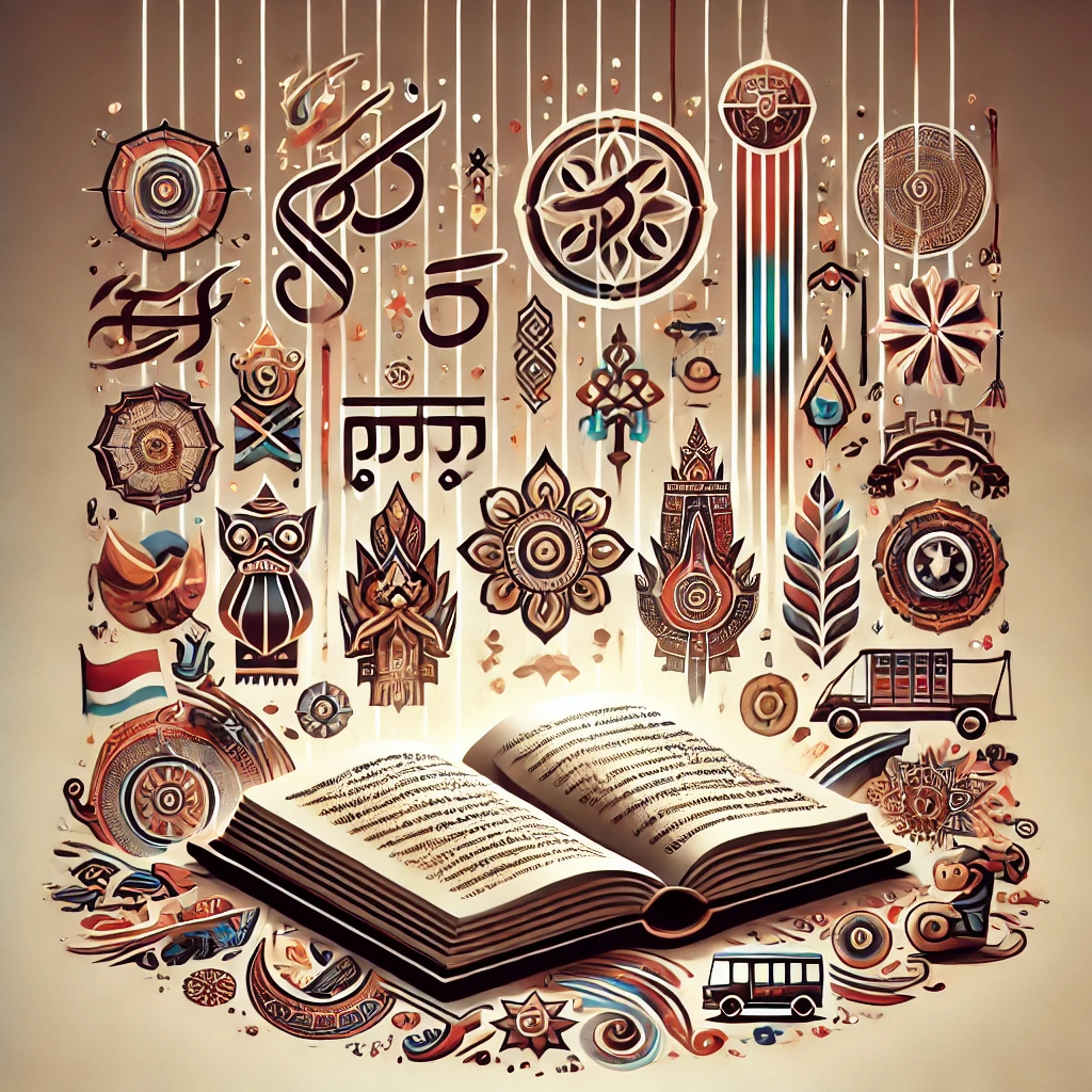 Gambar yang menggambarkan pengaruh bahasa daerah terhadap Bahasa Indonesia, menampilkan sebuah buku terbuka dengan halaman yang memadukan aksara tradisional daerah dan teks Bahasa Indonesia modern. Di sekitar buku terdapat simbol-simbol yang mewakili budaya Indonesia, seperti wayang, pola batik, dan alat musik tradisional. Latar belakangnya berupa gradasi warna yang berpindah dari nada bumi hangat yang mewakili tradisi ke nada modern yang sejuk, melambangkan perpaduan antara yang lama dan yang baru