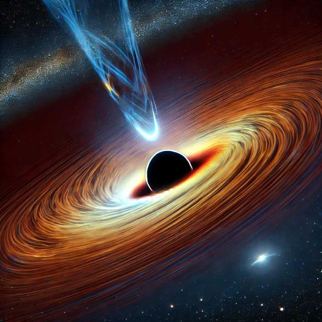 Visualisasi lubang hitam di luar angkasa, dengan piringan gas dan debu yang berputar ditarik ke dalamnya. Bintang-bintang dan objek langit di sekitarnya tampak sedikit terdistorsi karena gravitasi intens dari lubang hitam tersebut. Gambar ini menyampaikan konsep pengaruh gravitasi lubang hitam terhadap lingkungannya dalam lingkungan kosmik