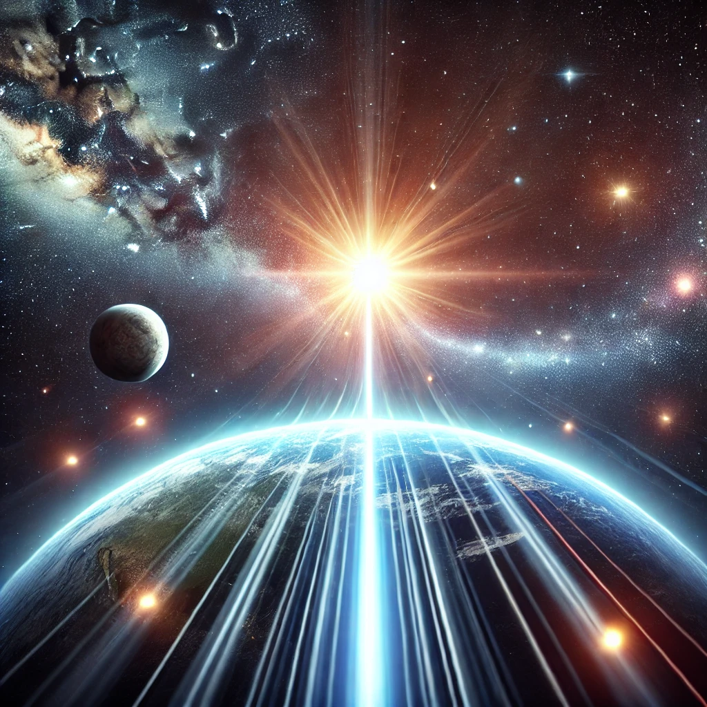 Gambar langit malam yang penuh bintang dengan sebuah bintang terang memancarkan sinar cahaya yang melakukan perjalanan menuju Bumi. Sinar cahaya digambarkan melewati ruang angkasa, dengan planet-planet dan galaksi-galaksi di latar belakang. Gambar ini menyampaikan perjalanan cahaya dari bintang yang jauh ke planet kita