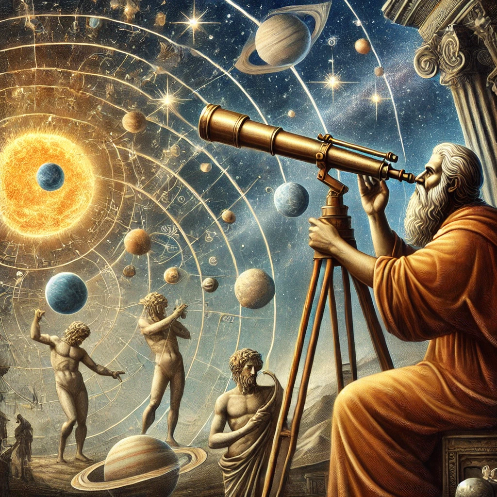 Ilustrasi tata surya dengan planet-planet yang mengelilingi matahari di latar belakang ruang angkasa