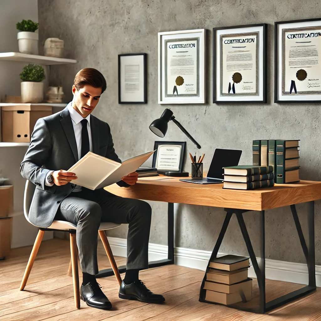 Seorang profesional duduk di meja kantor modern, dikelilingi oleh materi sertifikasi, laptop, dan sertifikat berbingkai di dinding. Orang tersebut sedang meninjau catatan dengan ekspresi percaya diri dan fokus. Kantor terlihat rapi dengan desain minimalis. Gambar ini menggambarkan suasana pencapaian, profesionalisme, dan persiapan untuk mendapatkan sertifikasi profesional