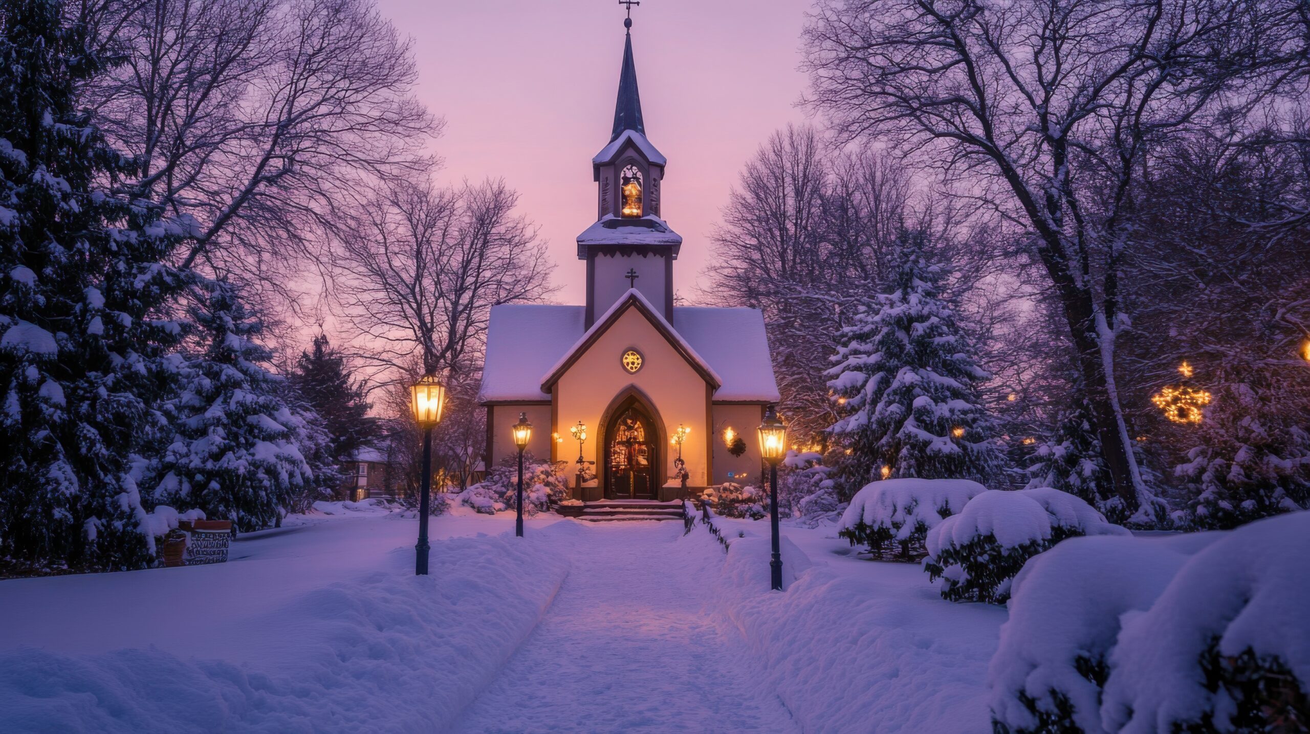 Candlelit Path to Snowy Chapel