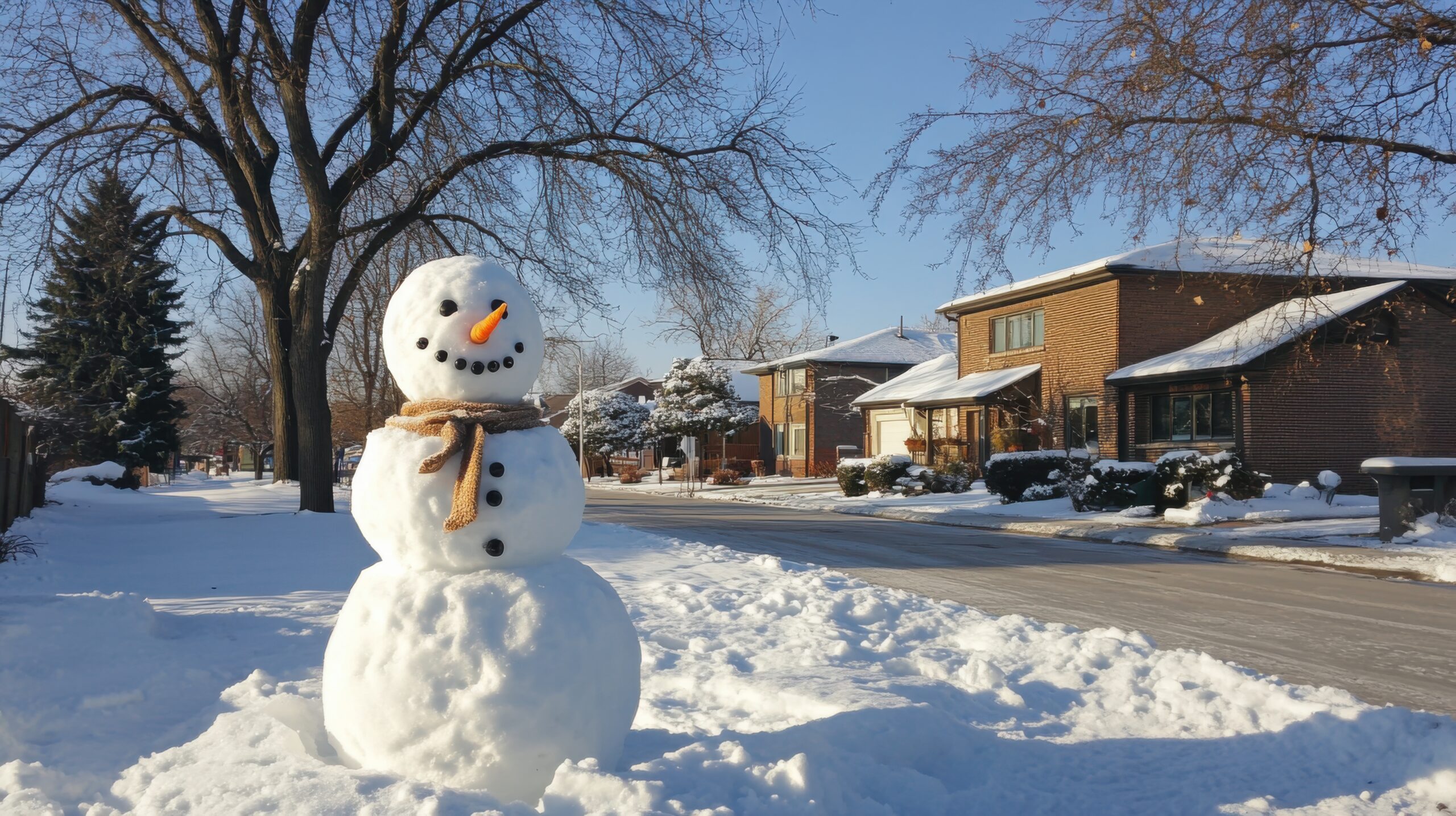 Classic Snowman in Snowy Neighborhood