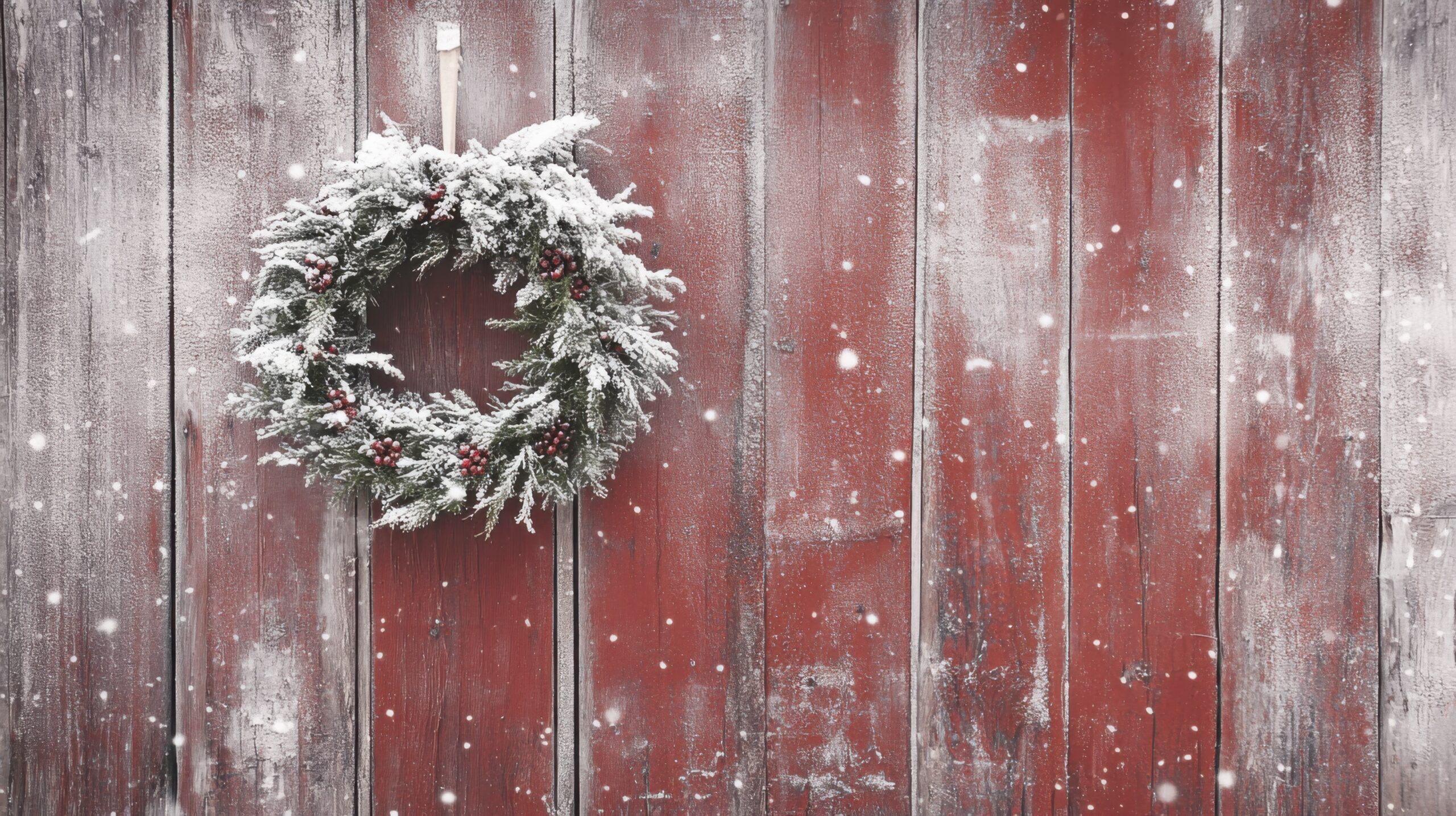 Festive Wreath on Snow-Dusted Door
