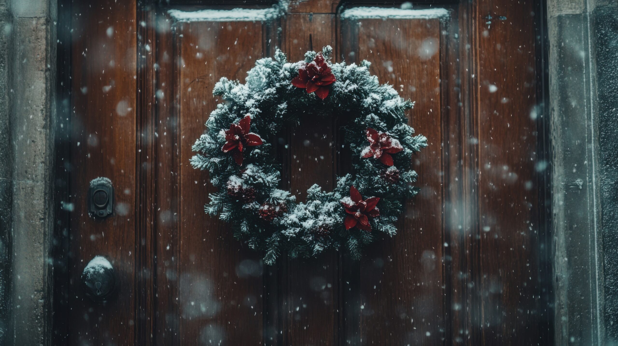 Festive Wreath on Snow-Dusted Door