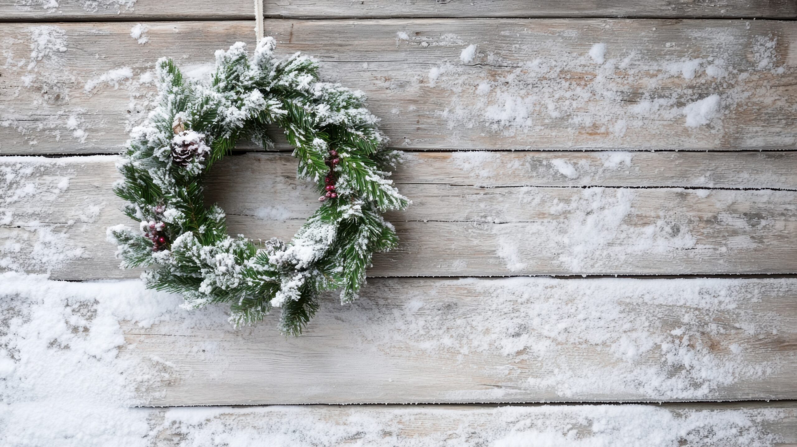 Festive Wreath on Snow-Dusted Door