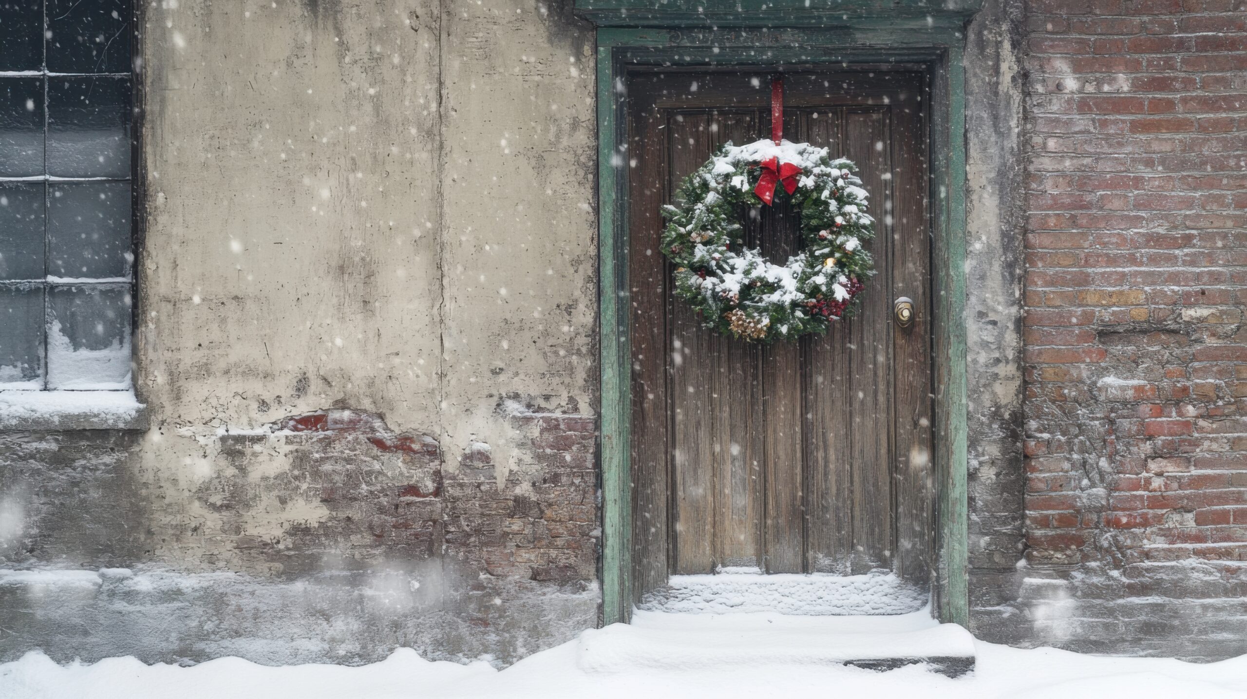Festive Wreath on Snow-Dusted Door