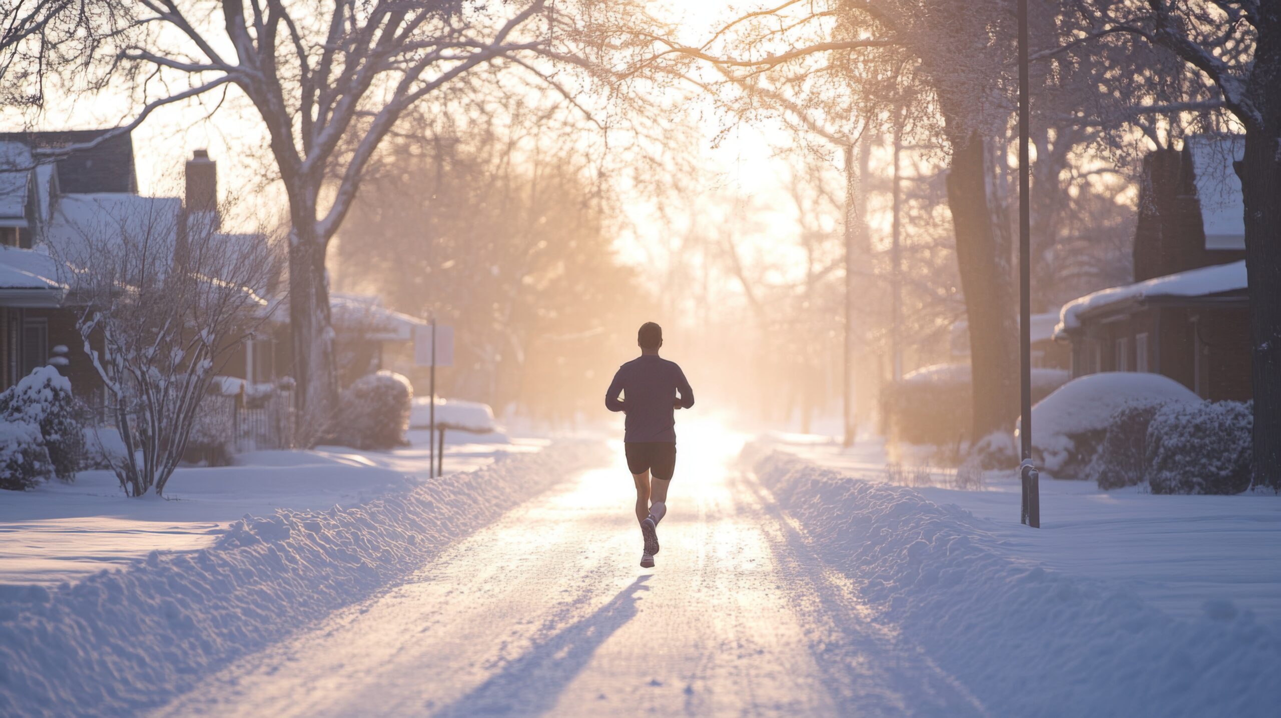 Jogger with Frosty Breath in Snowy Street