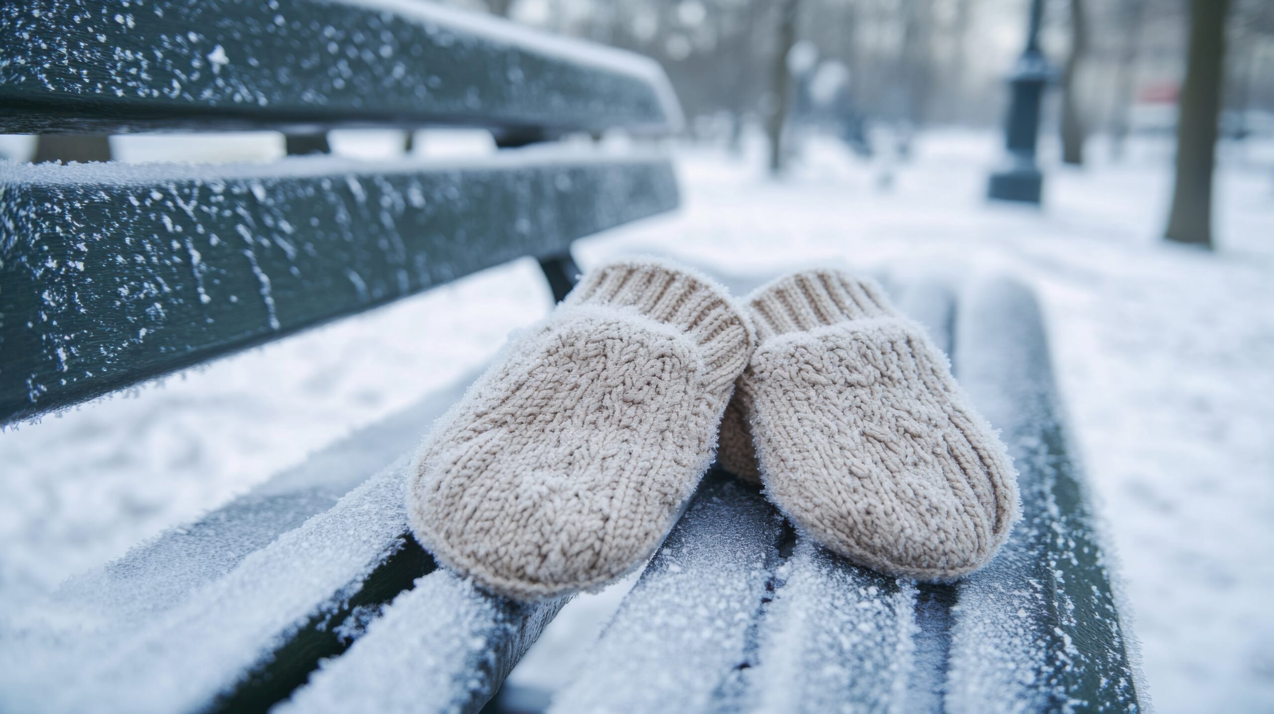 Mittens on Frosty Park Bench
