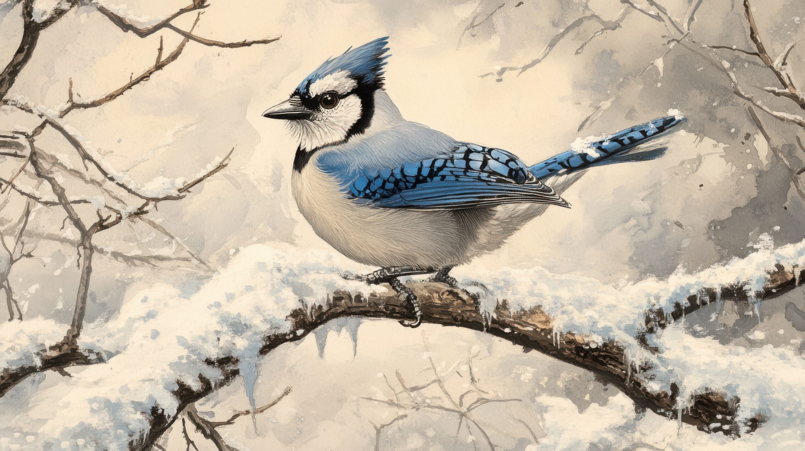 Blue Jay on Snowy Branch