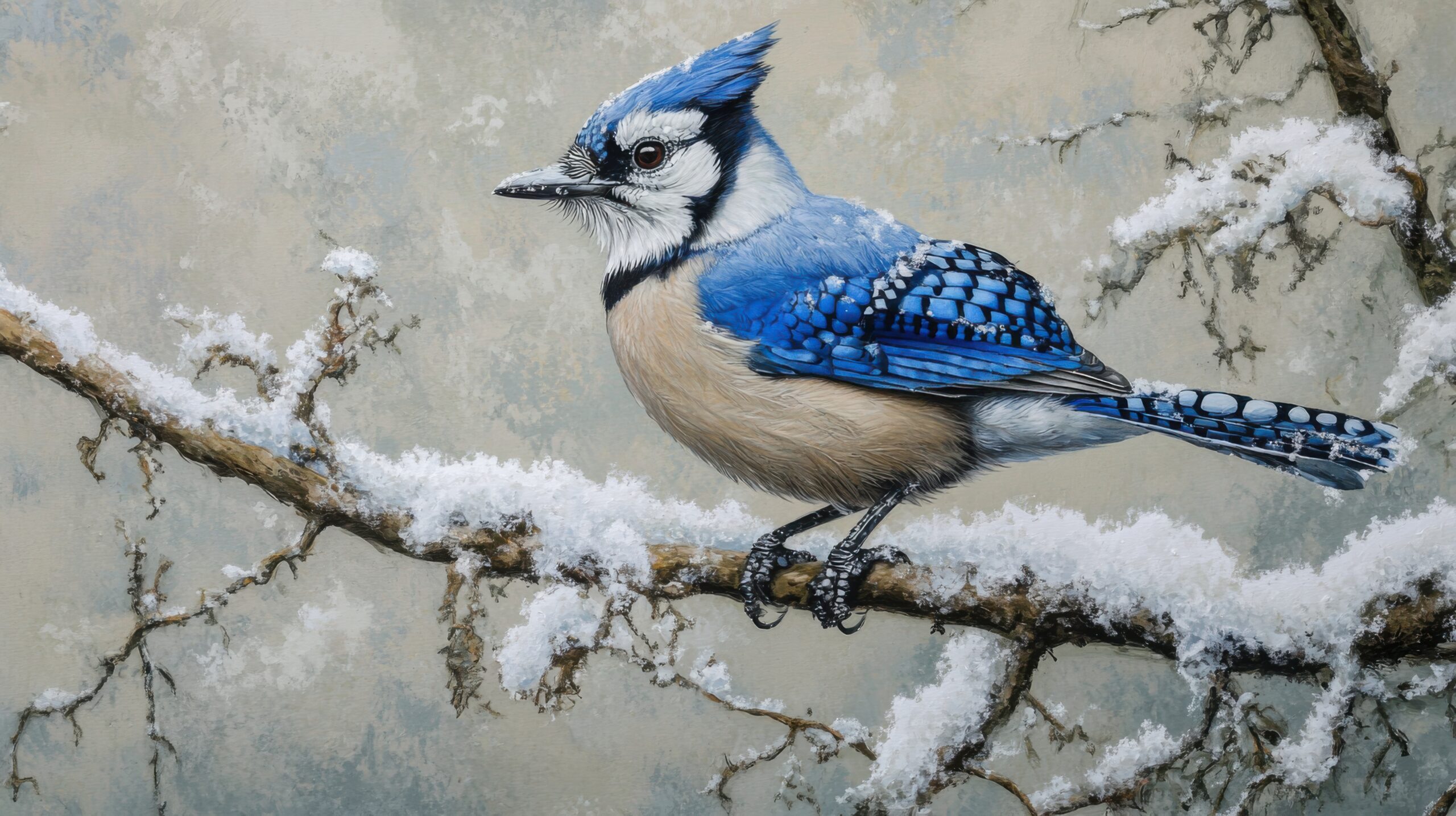 Blue Jay on Snowy Branch