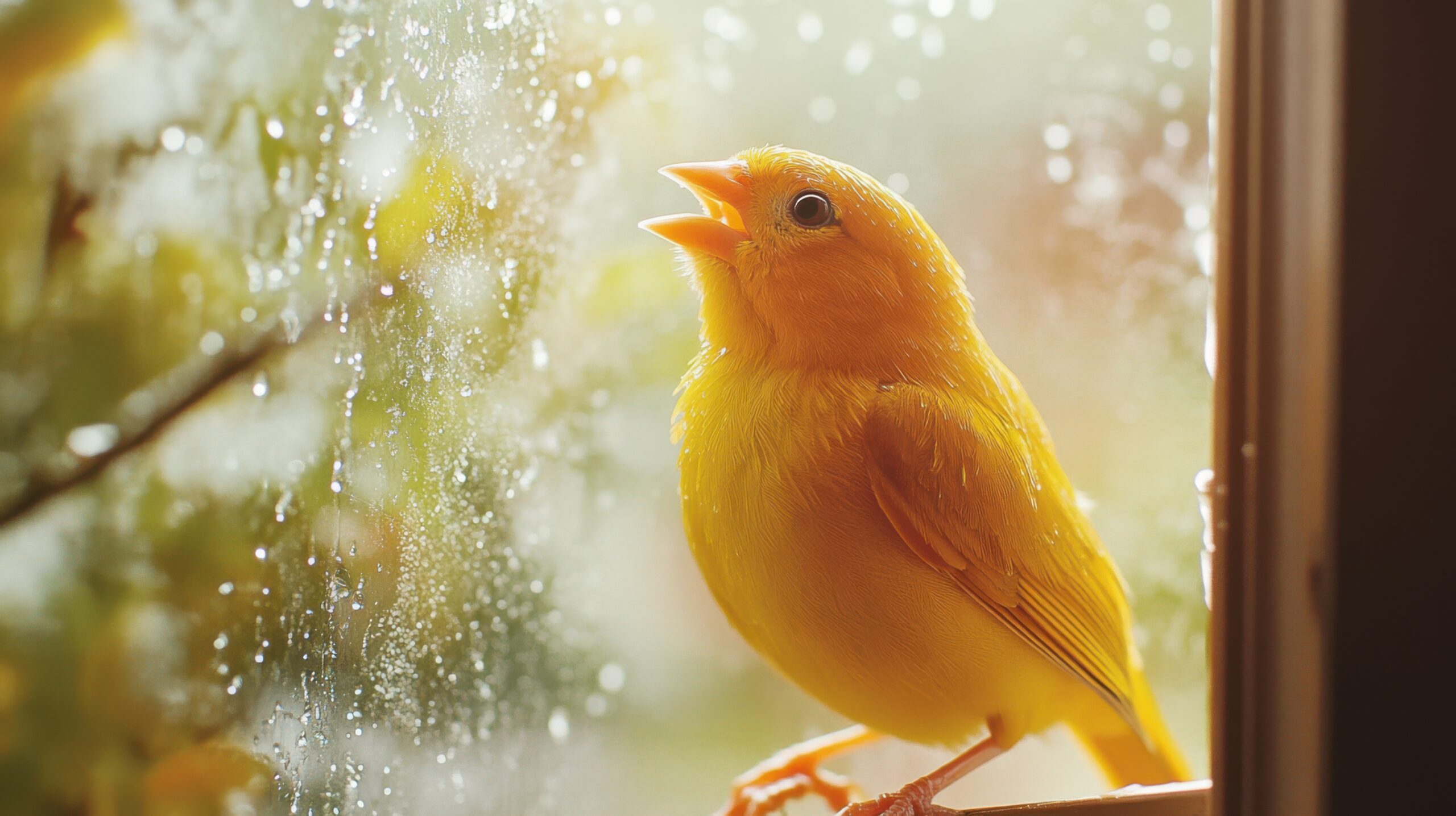 Canary Singing by Frosted Window