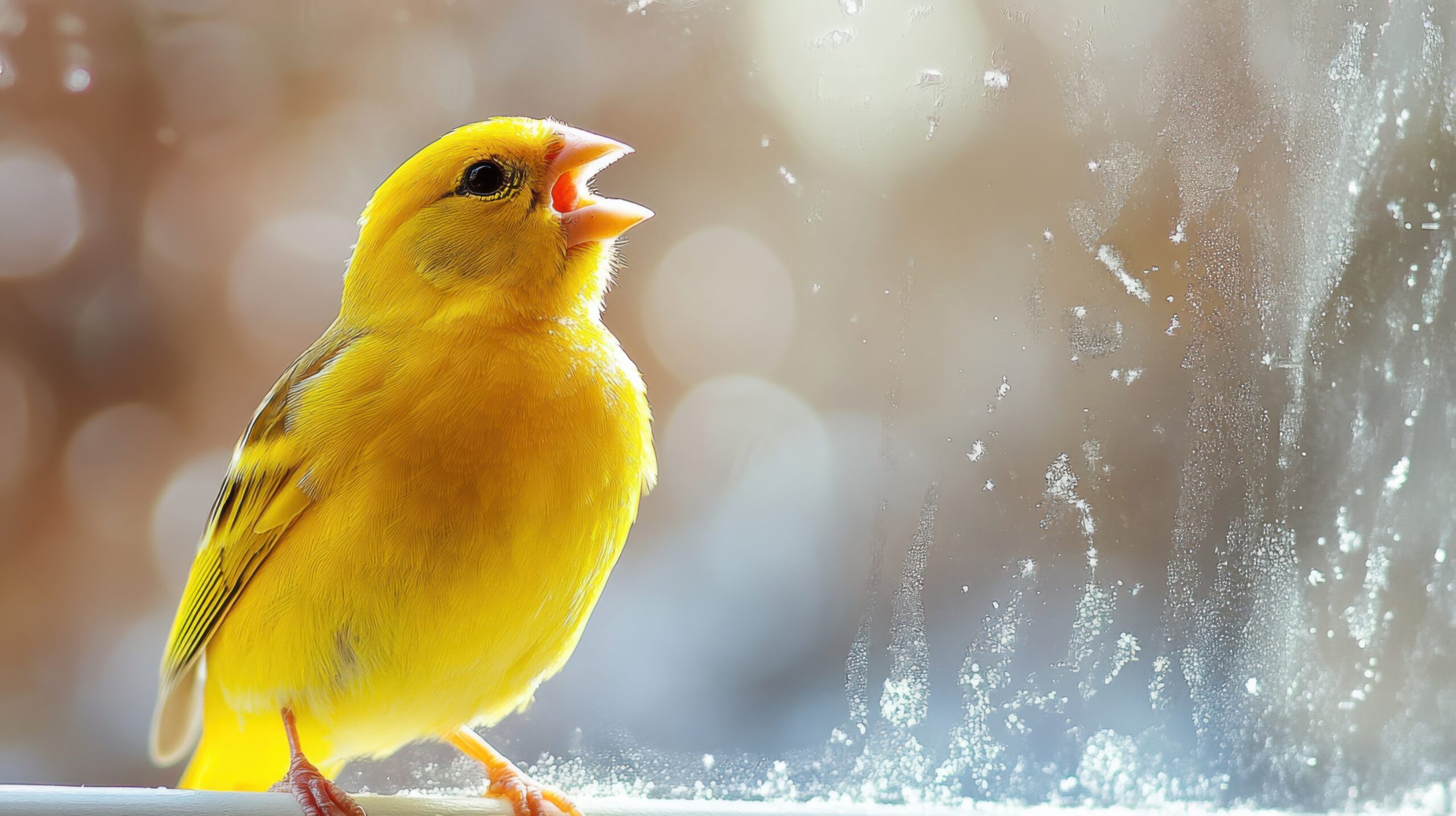 Canary Singing by Frosted Window