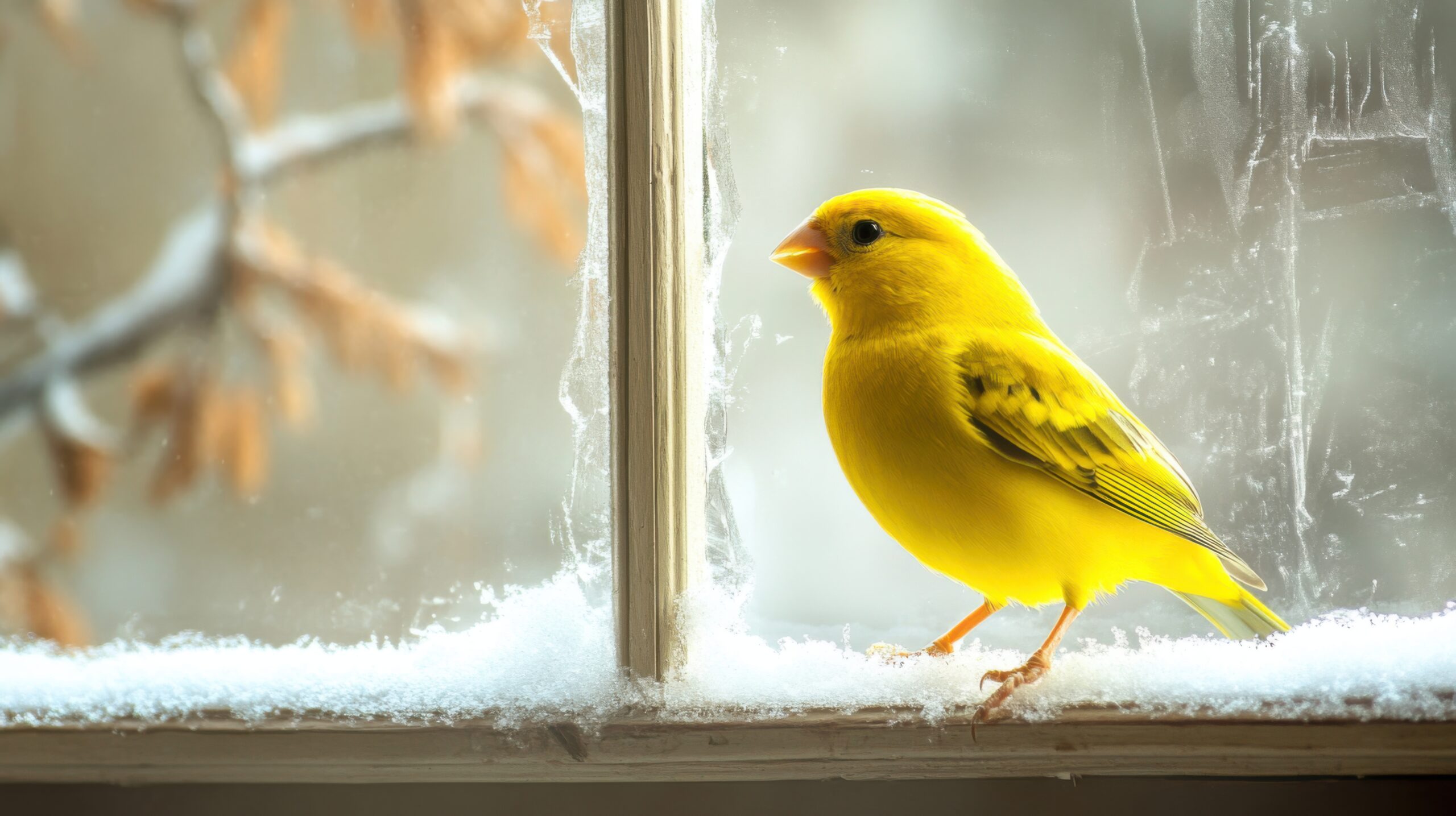 Canary Singing by Frosted Window