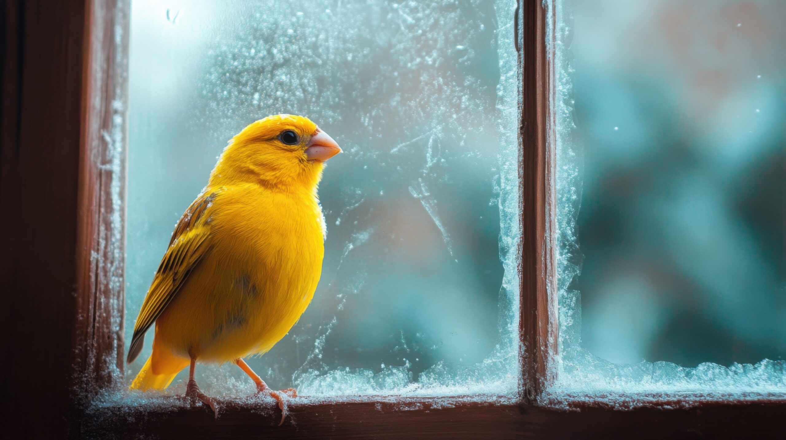 Canary Singing by Frosted Window