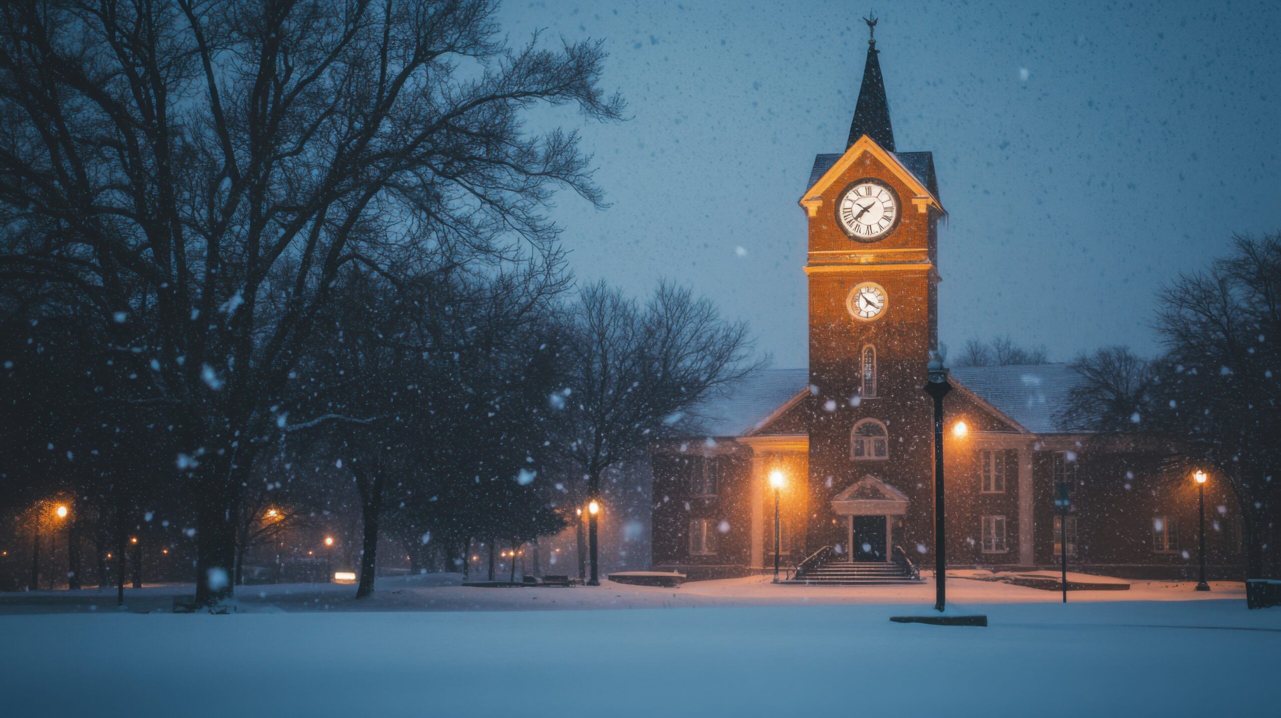 Clock Tower in Snowy Twilight