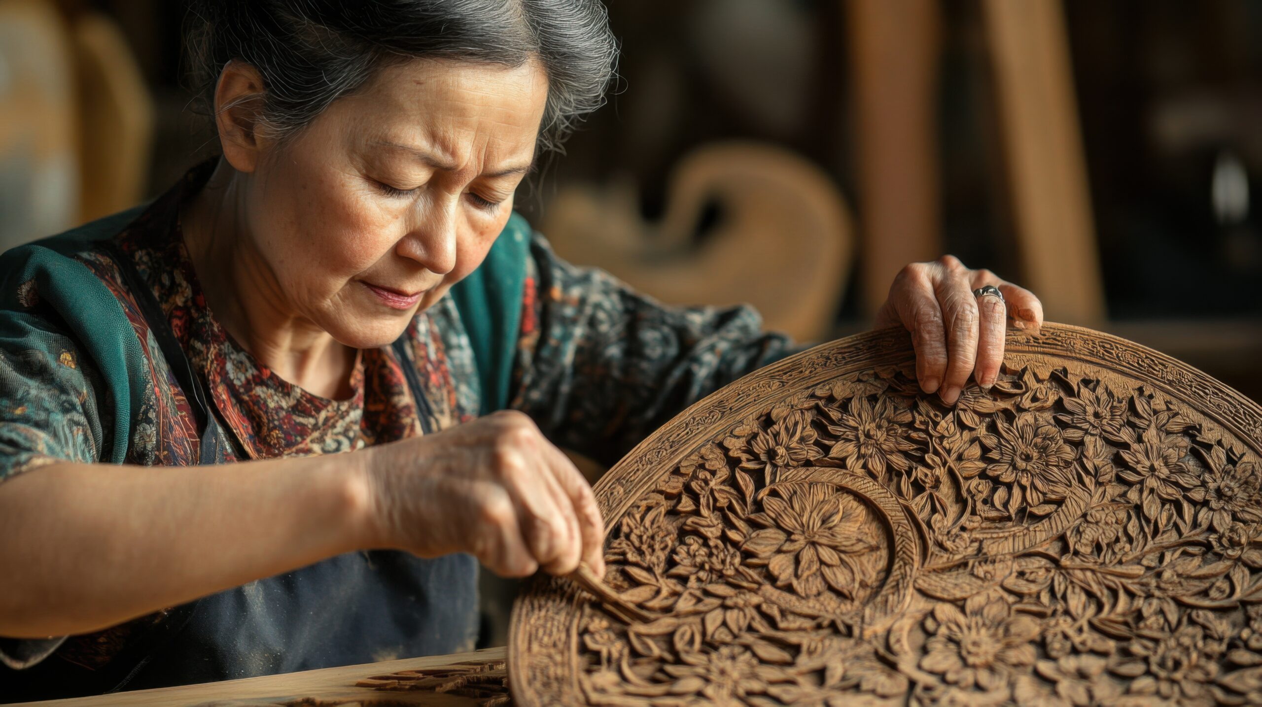 Craftswoman Carving Wooden Sculpture