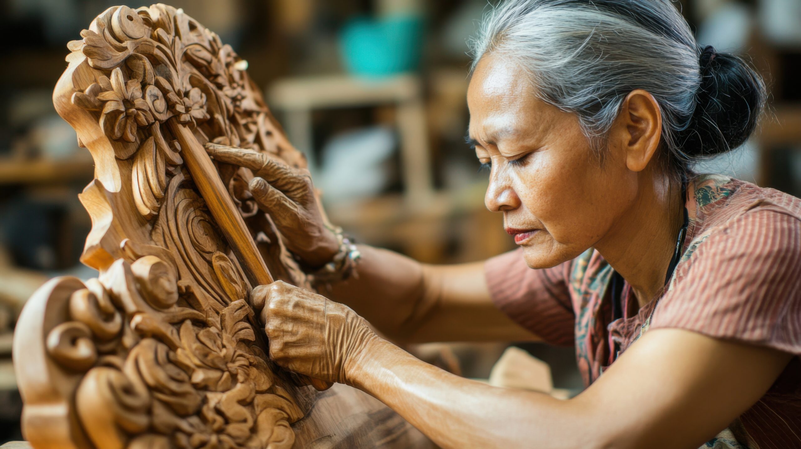 Craftswoman Carving Wooden Sculpture