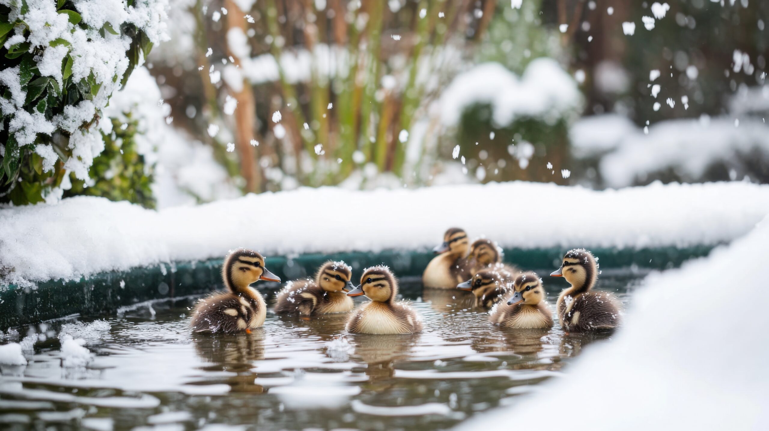 Ducklings in Snow-Dappled Pond