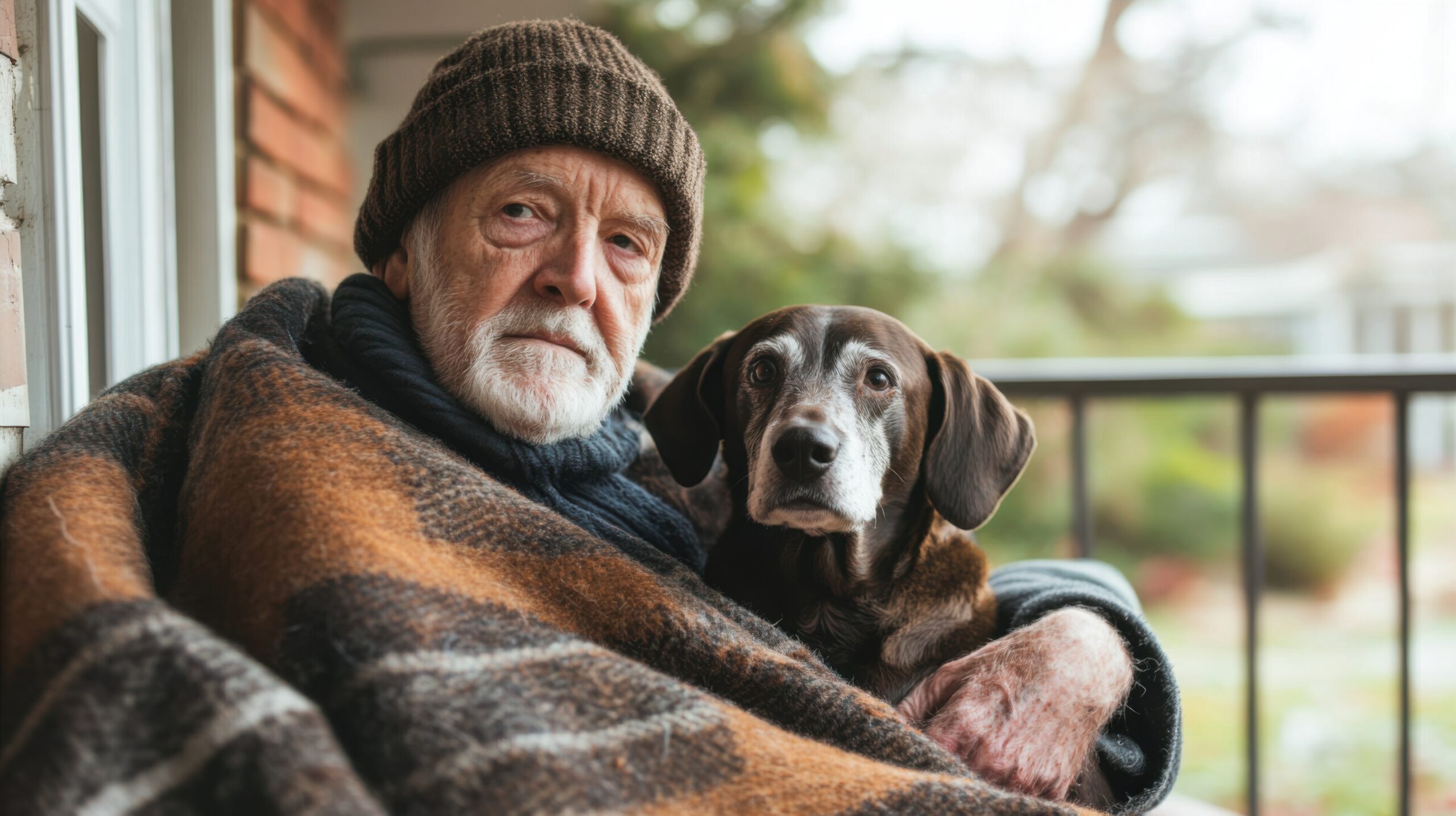 Elderly Man with Dog on Chilly Porch