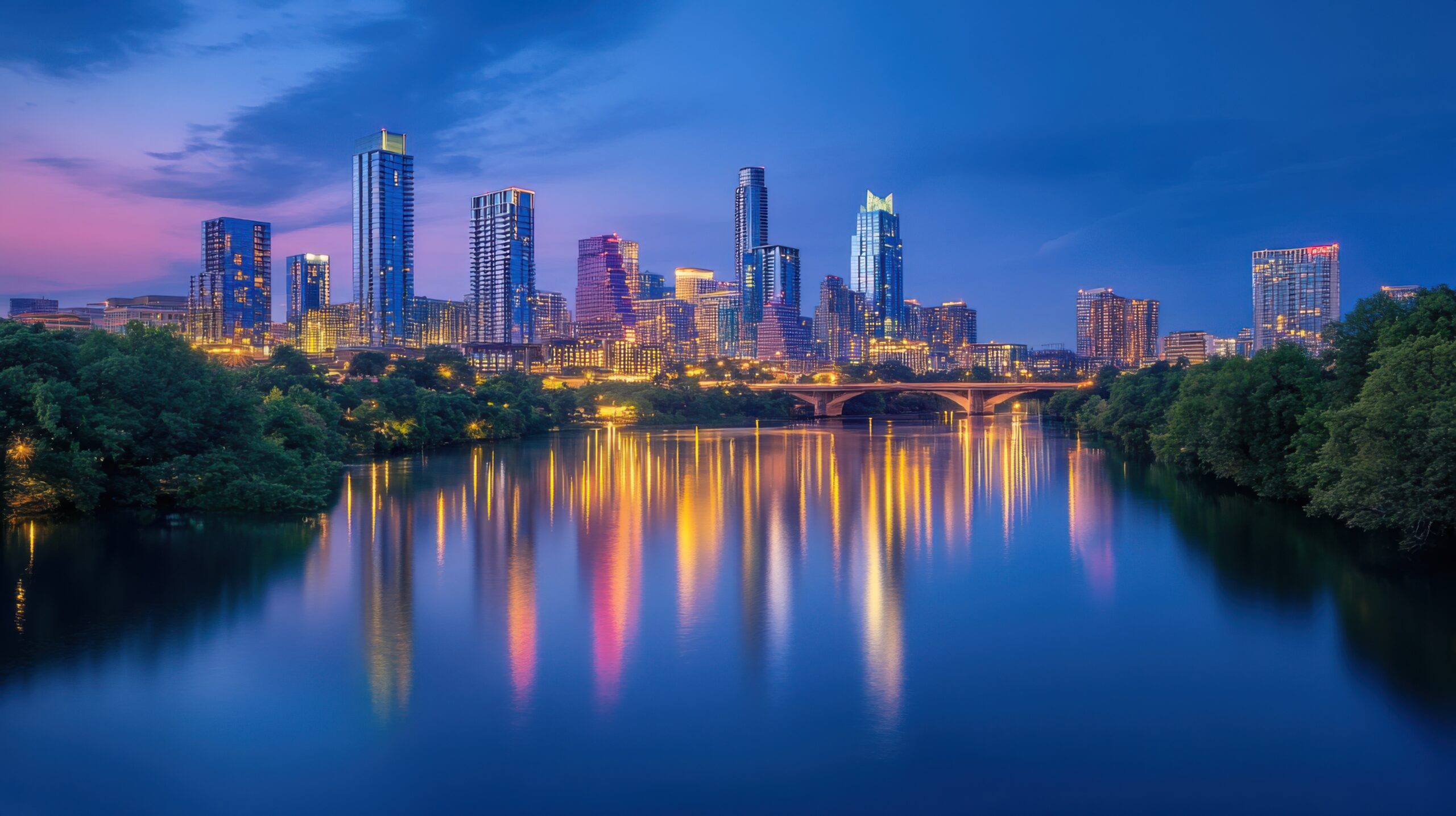 Evening City Skyline Reflection