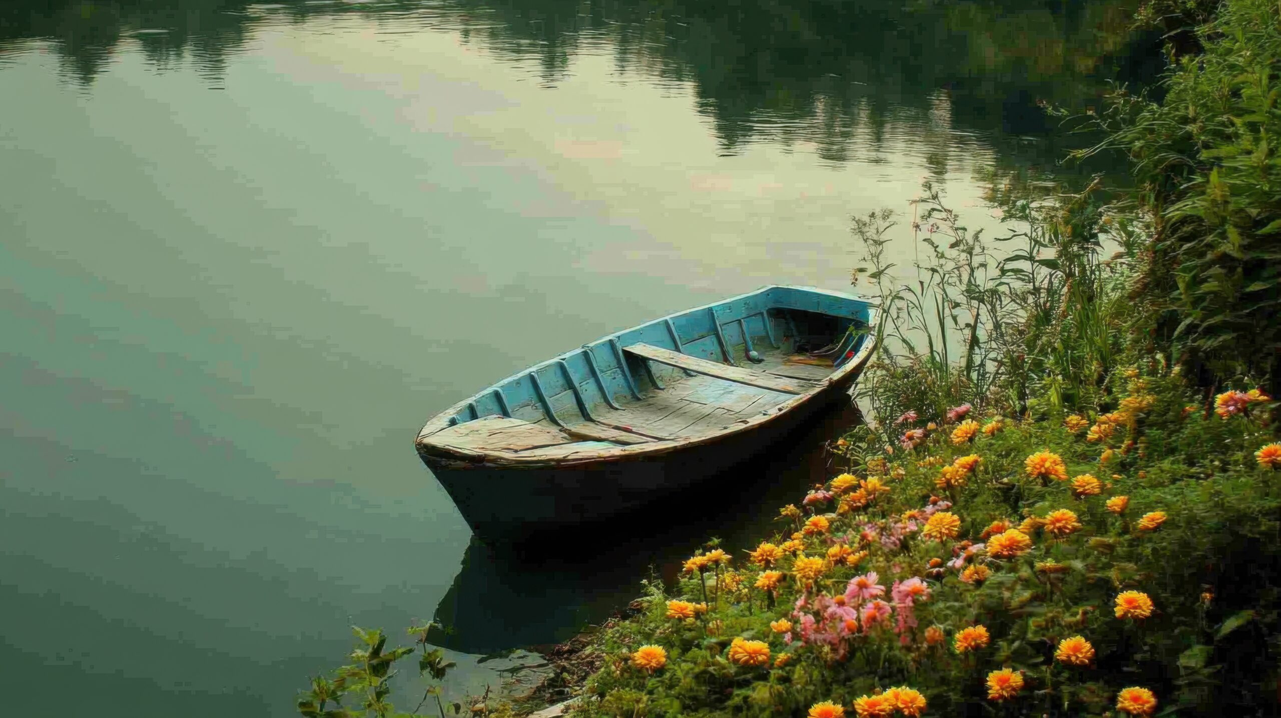 Fishing Boat by Flowered Riverbank