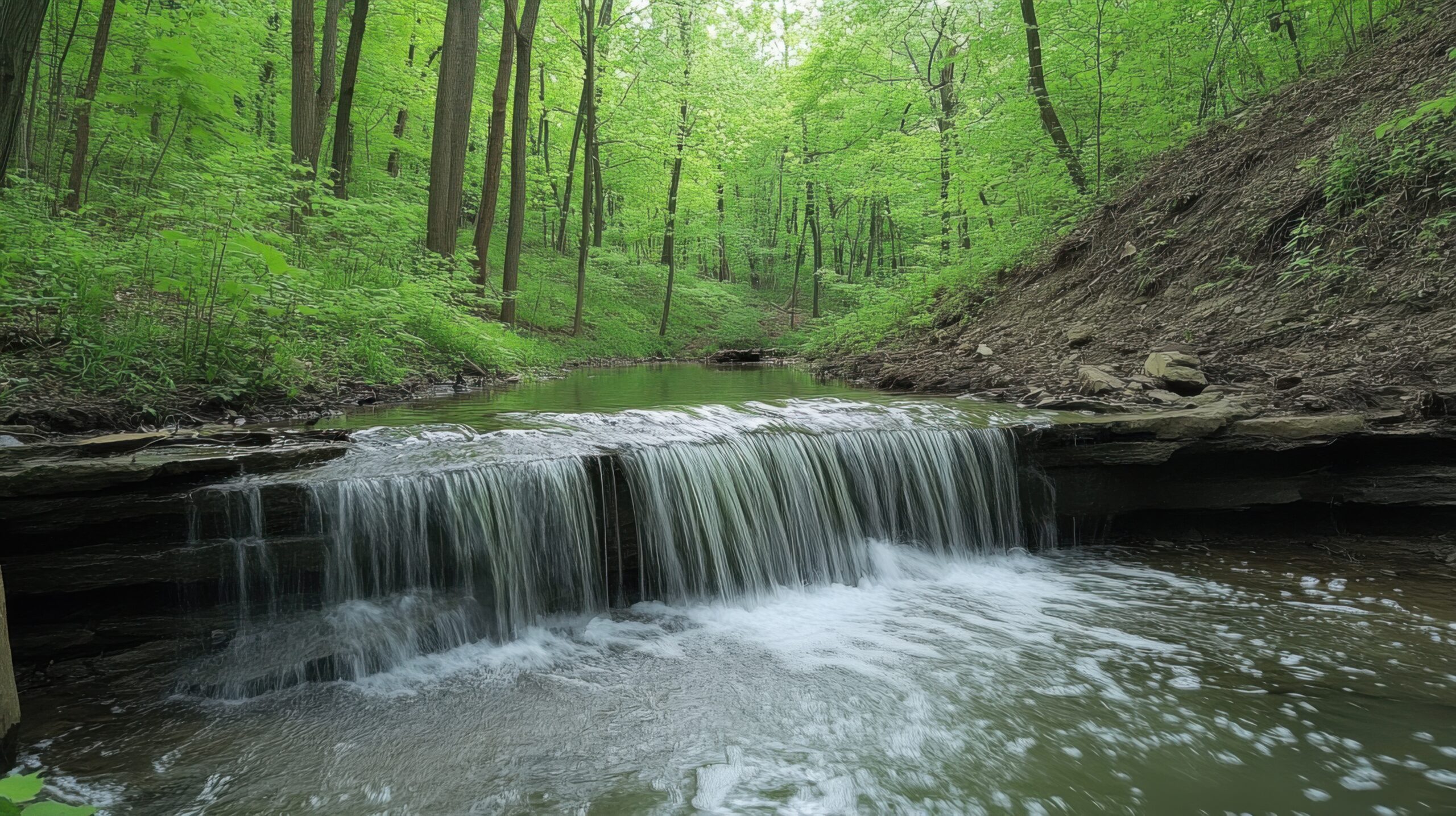 Forested Stream and Waterfall