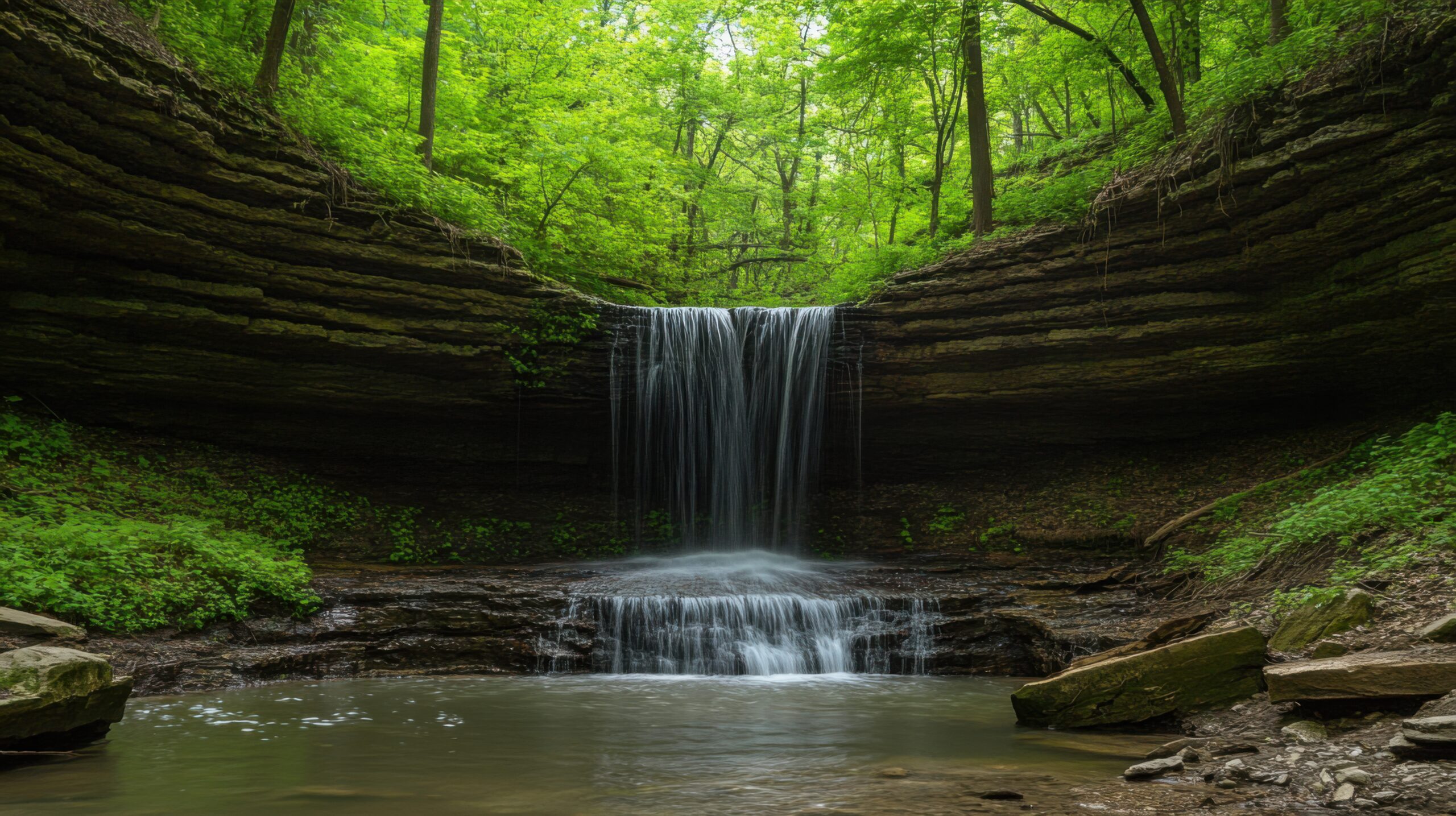 Forested Stream and Waterfall