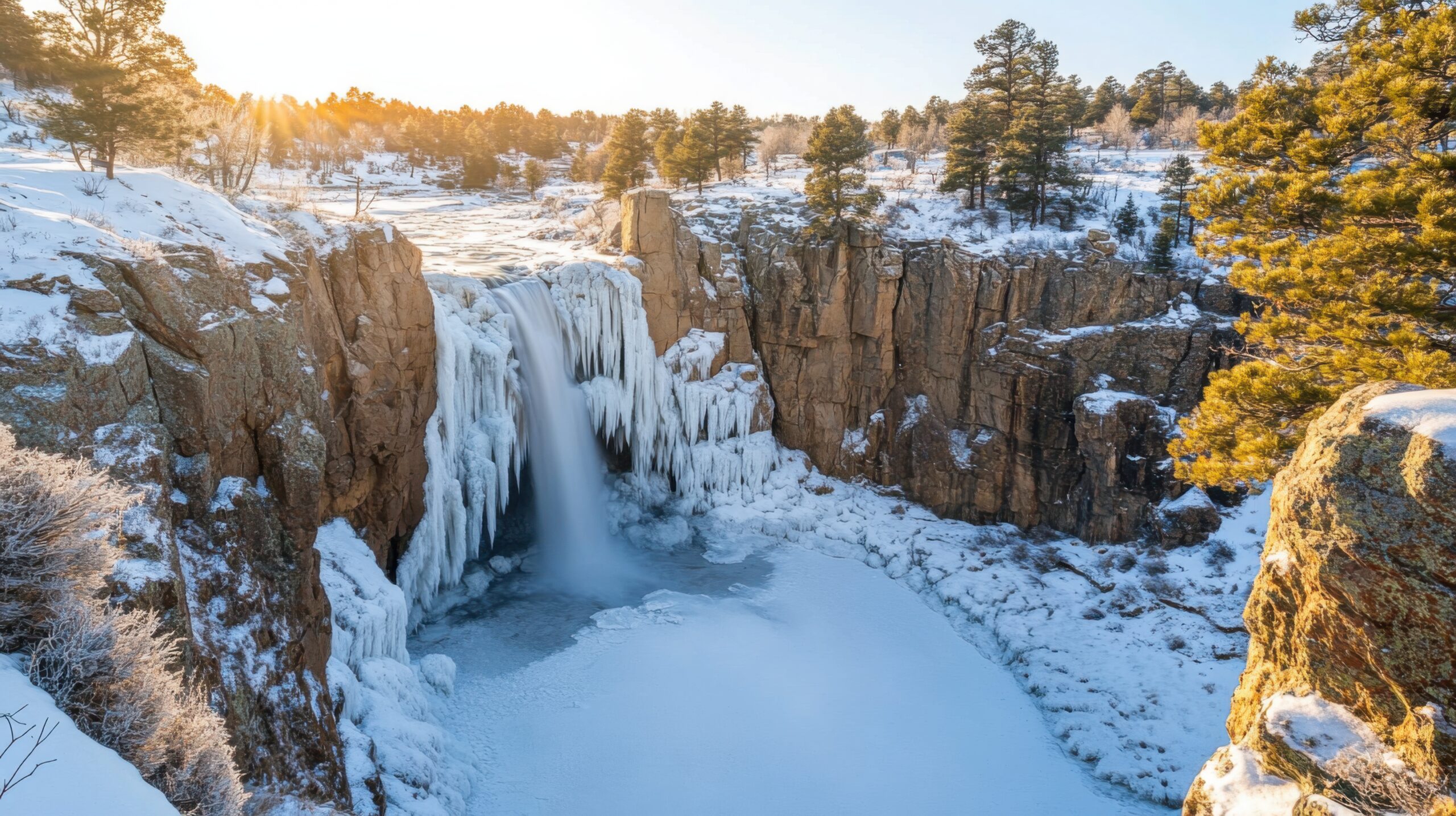 Frozen Waterfall Under Clear Sky