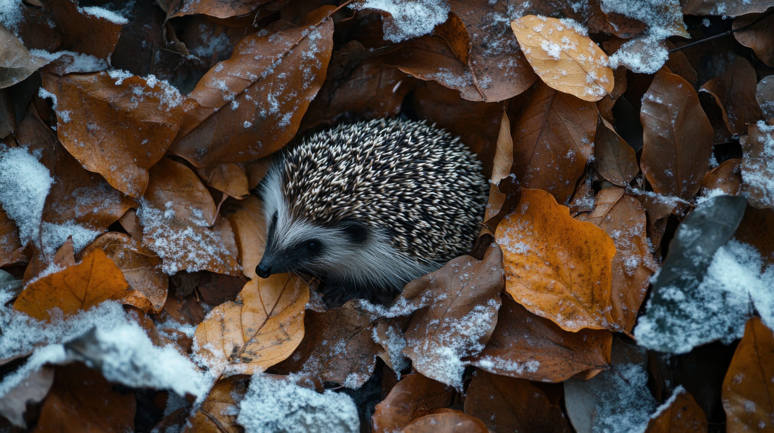 Hedgehog in Snow-Dusted Leaves