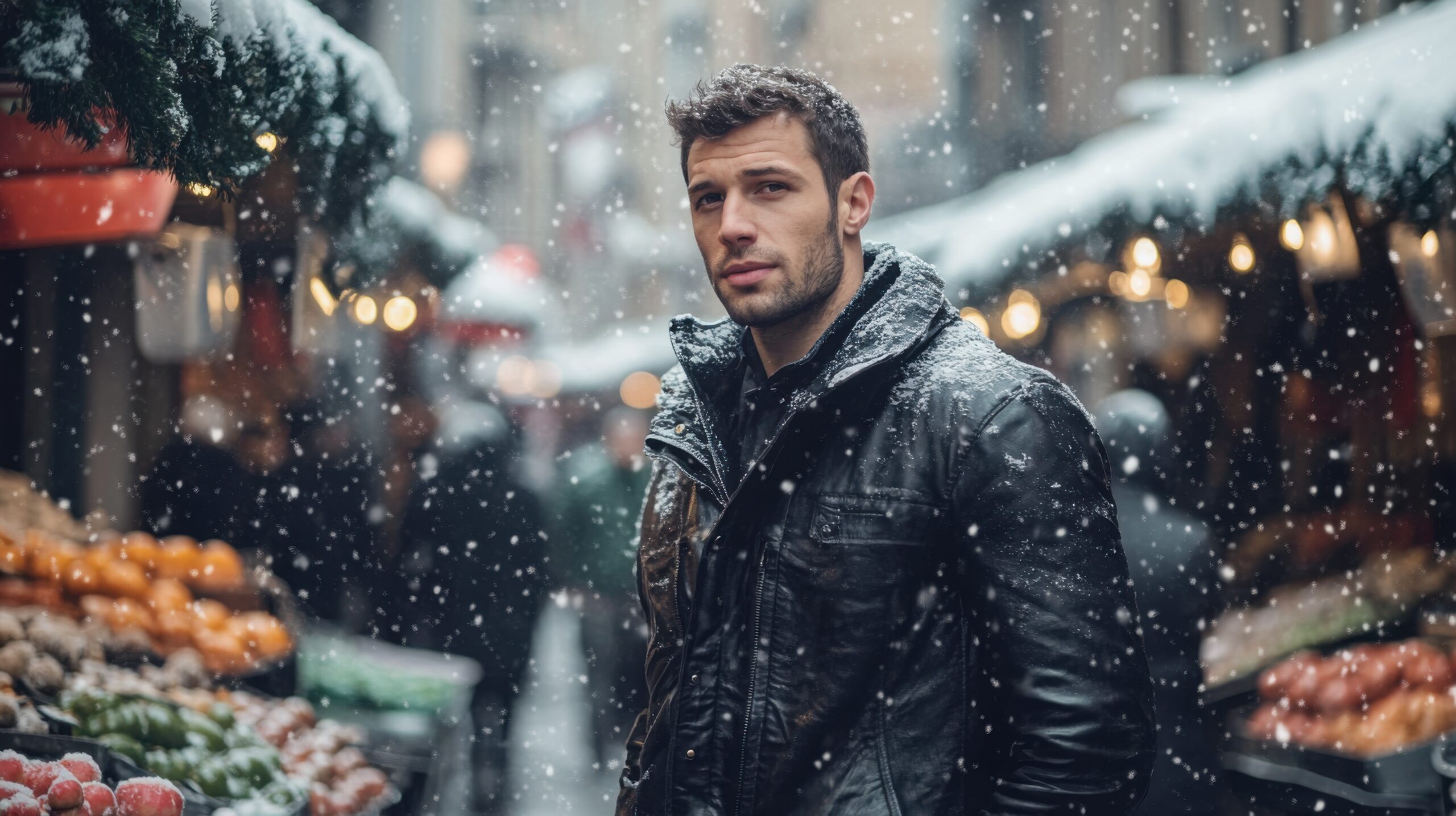 Man in Leather Jacket at Snowy Market