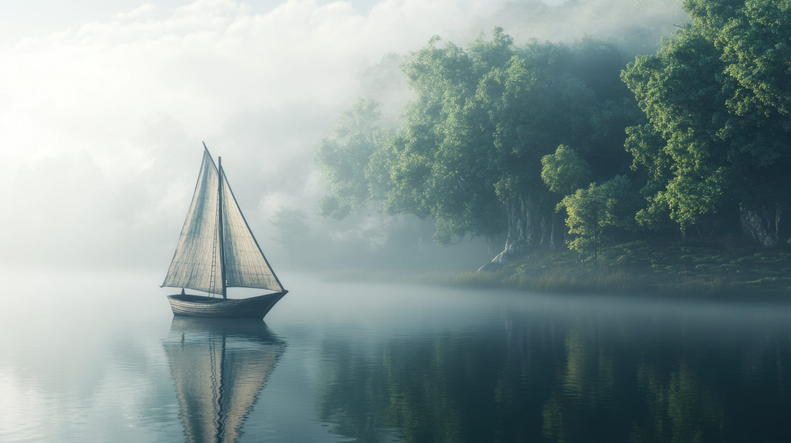 Mysterious Lake with Sailboat