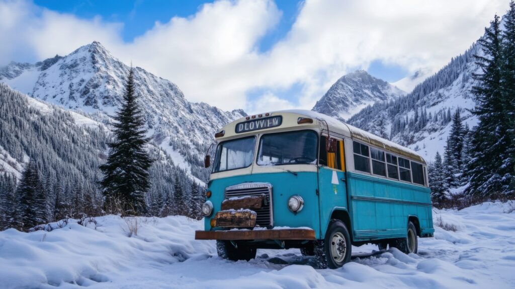 Snow Bus Retro Snow Bus at Mountain Pass