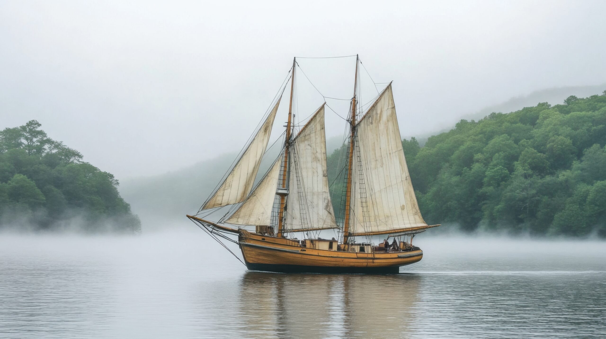 Sailboat Floating on Misty Lake