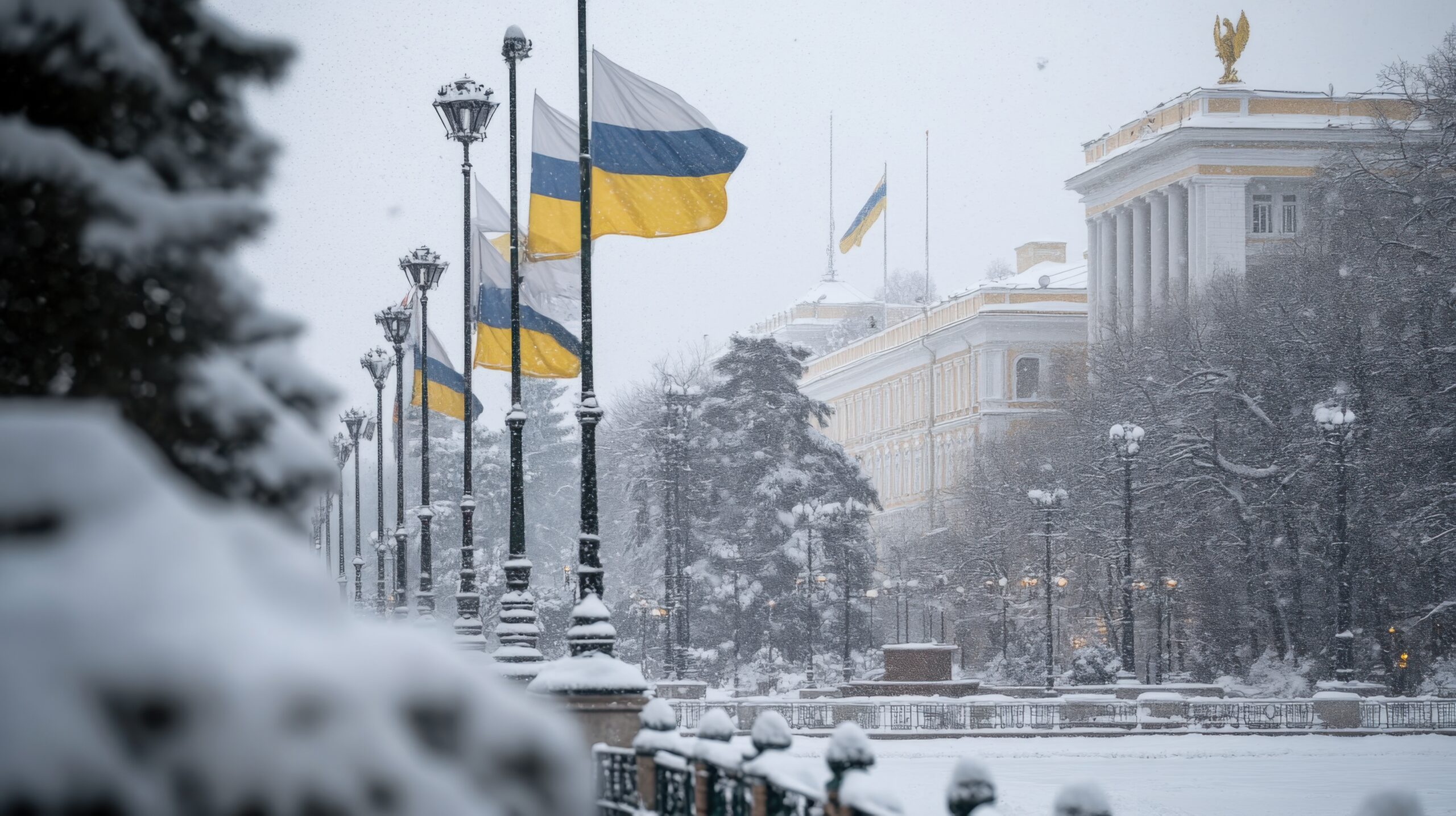 Snow-Covered Buildings with Waving Flags