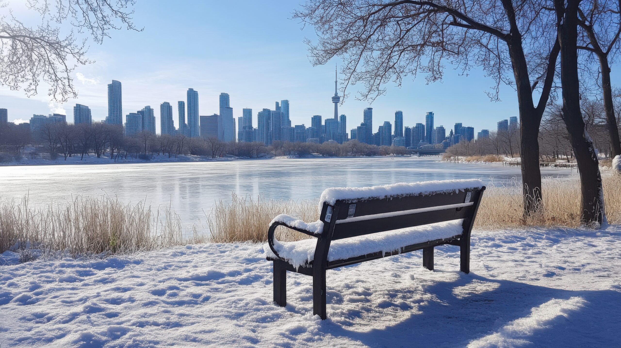 Snowy Park Bench by Frozen Lake