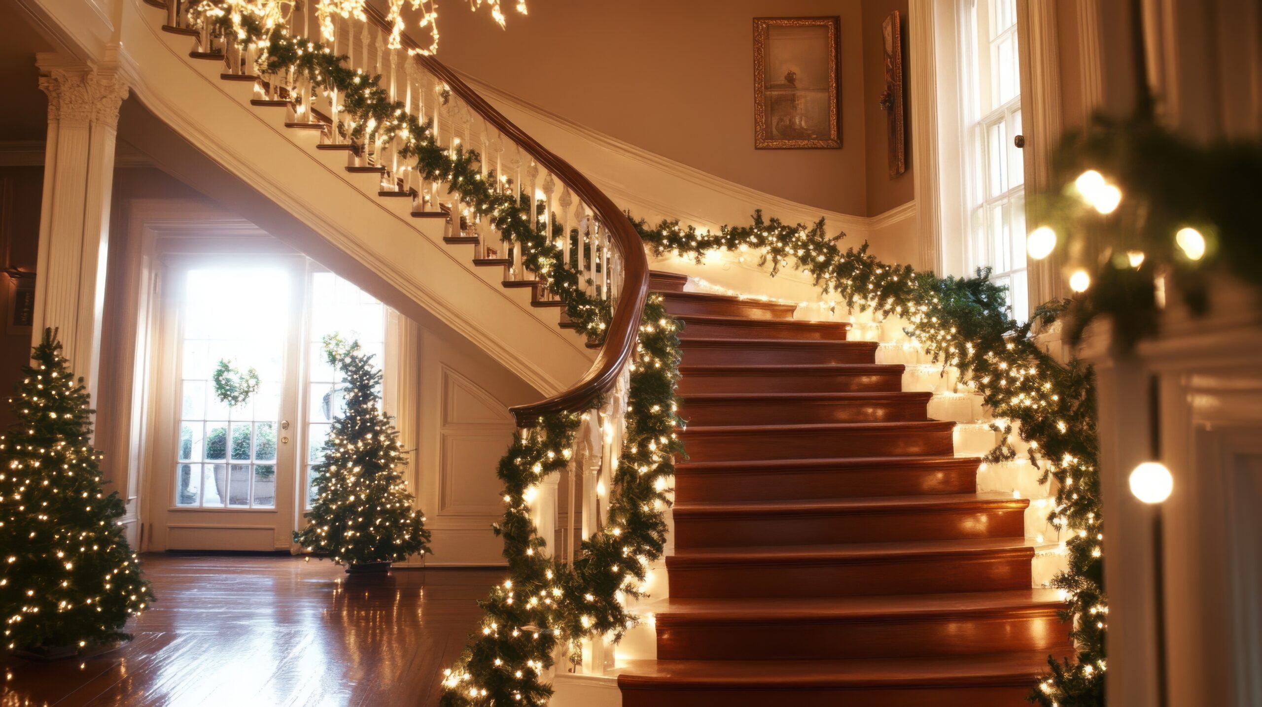 Staircase Elegance with Garland Lights