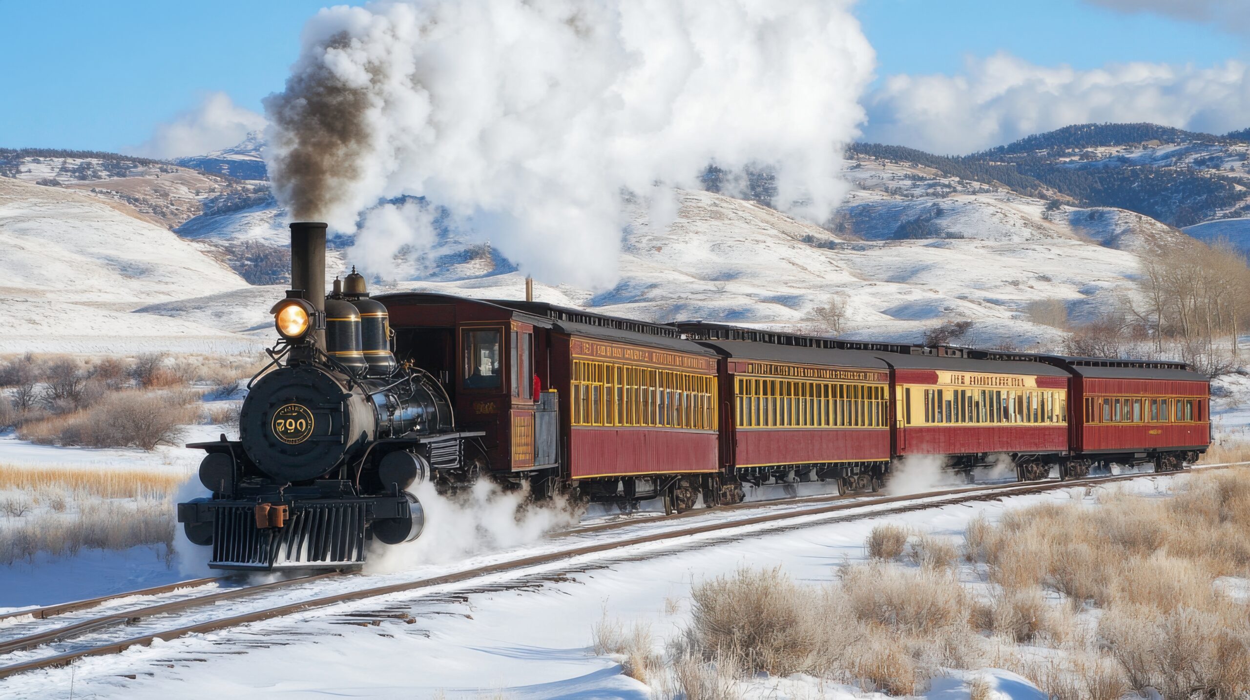 Steam Train Traversing Snowy Fields