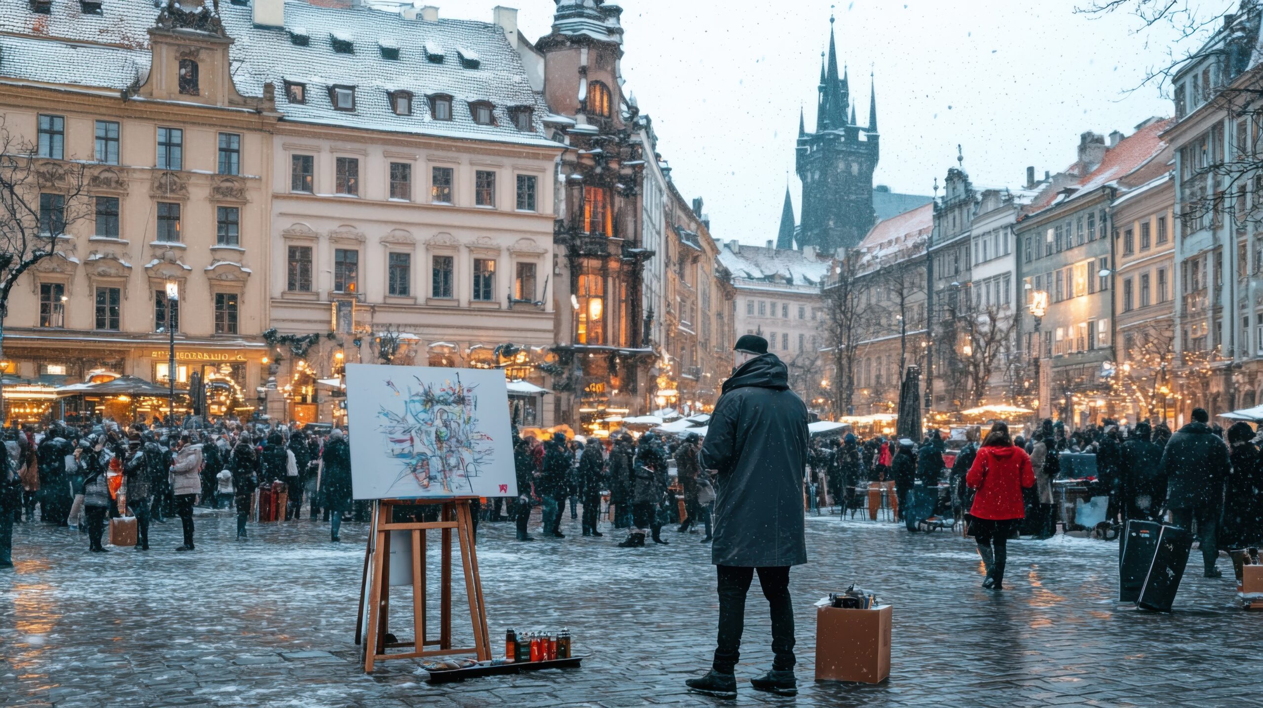 Street Artist in Snowy Square
