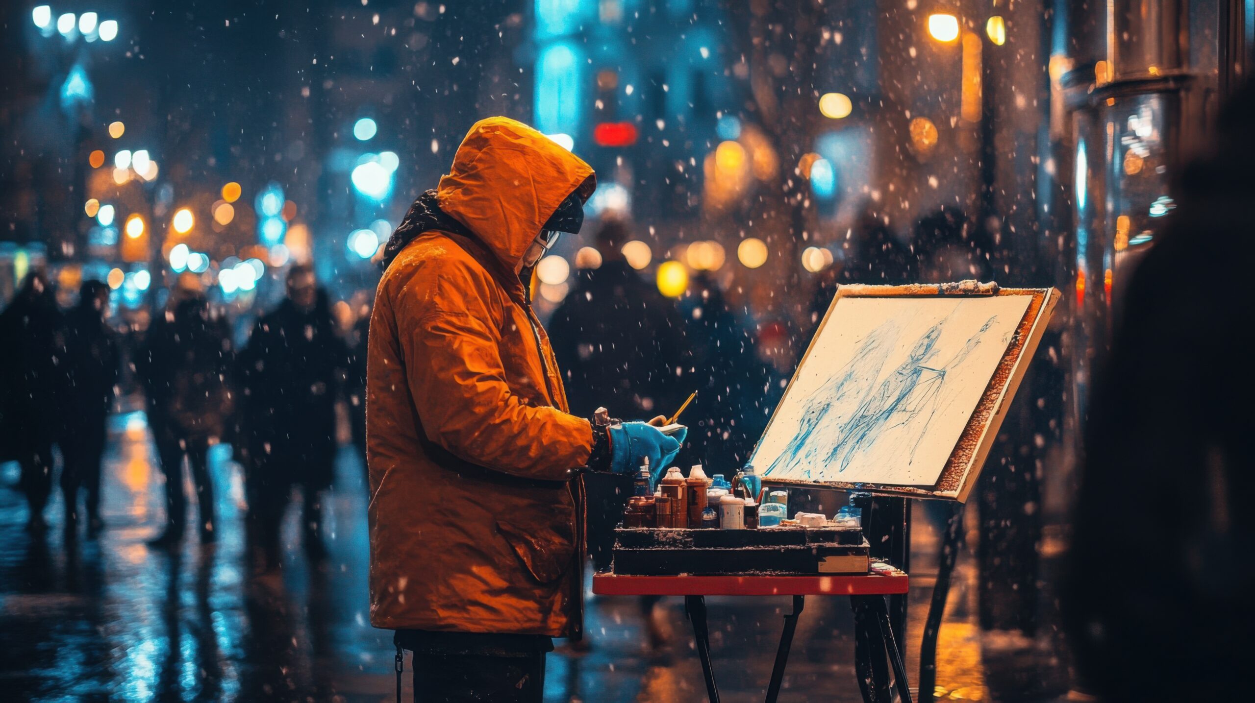 Street Artist in Snowy Square
