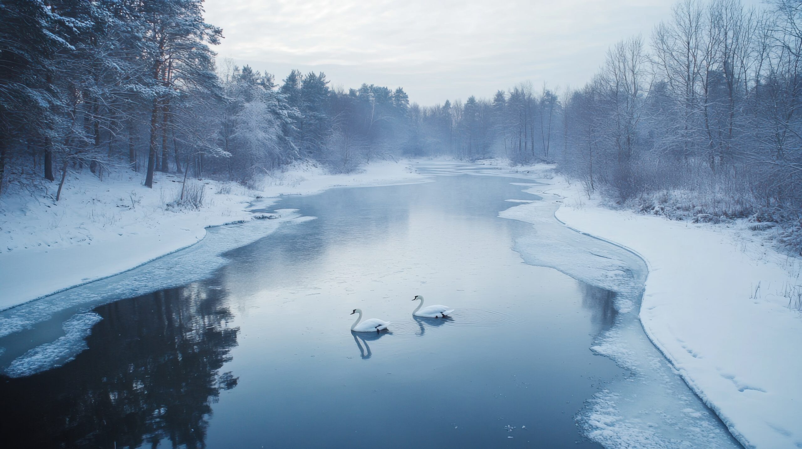 Swans on Icy Winter Pond