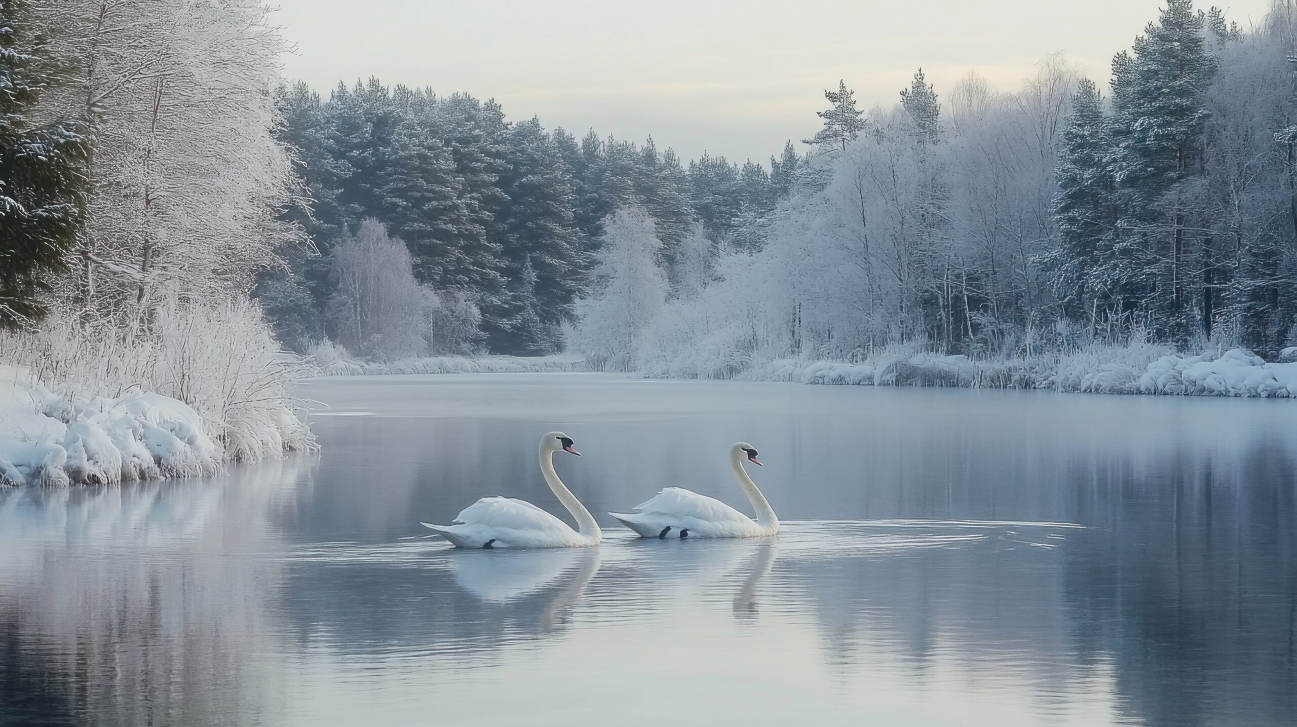 Swans on Icy Winter Pond