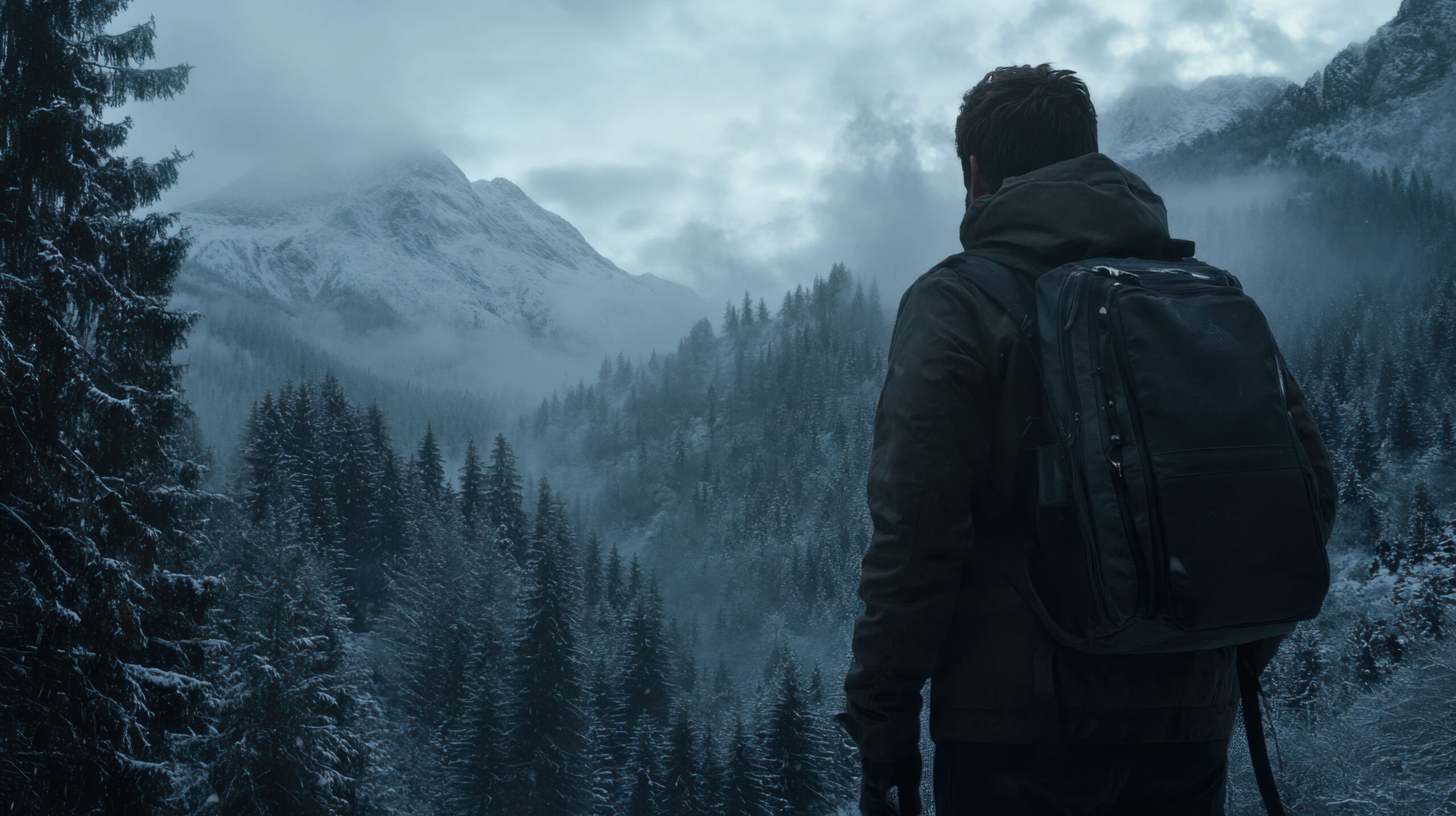 Traveler with Bomber Jacket in Forest