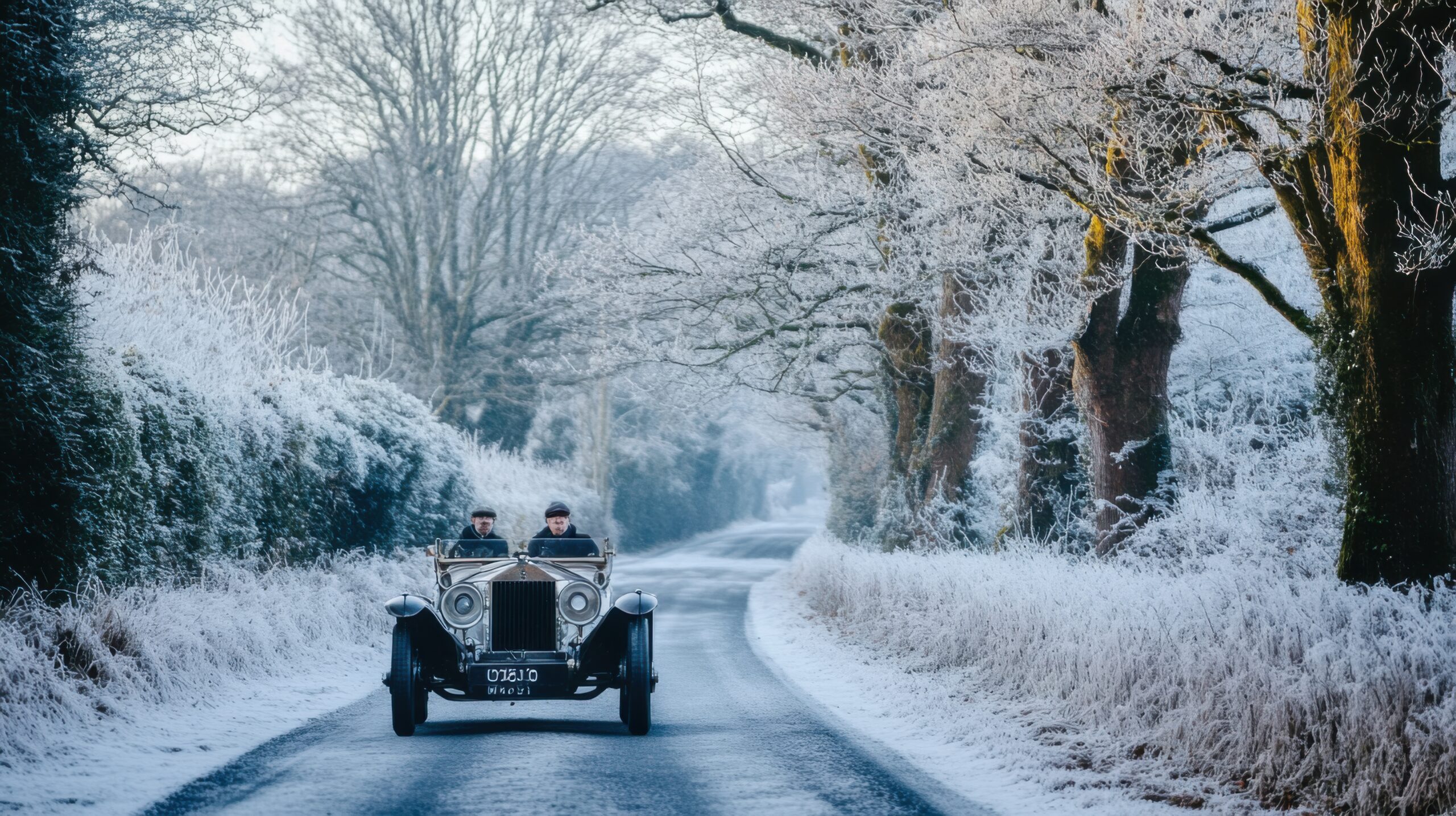 Vintage Car on Snowy Road